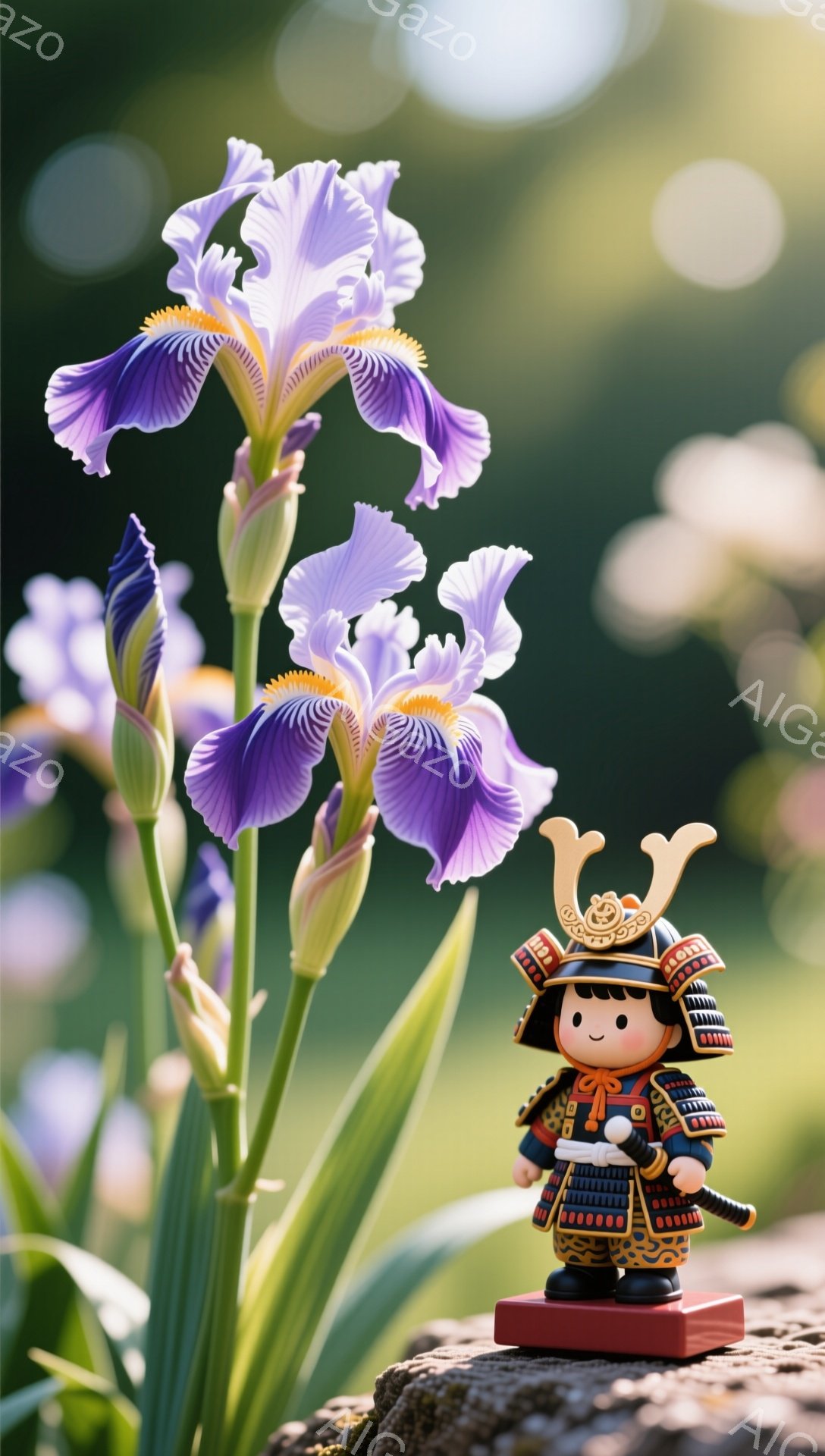 花菖蒲のそばに武者人形が立っている。人形は赤色の鎧を身につけ、黄色い兜をかぶっている。背景には他の菖蒲の花がぼやけて写っており、全体的に優しい雰囲気が漂っている。