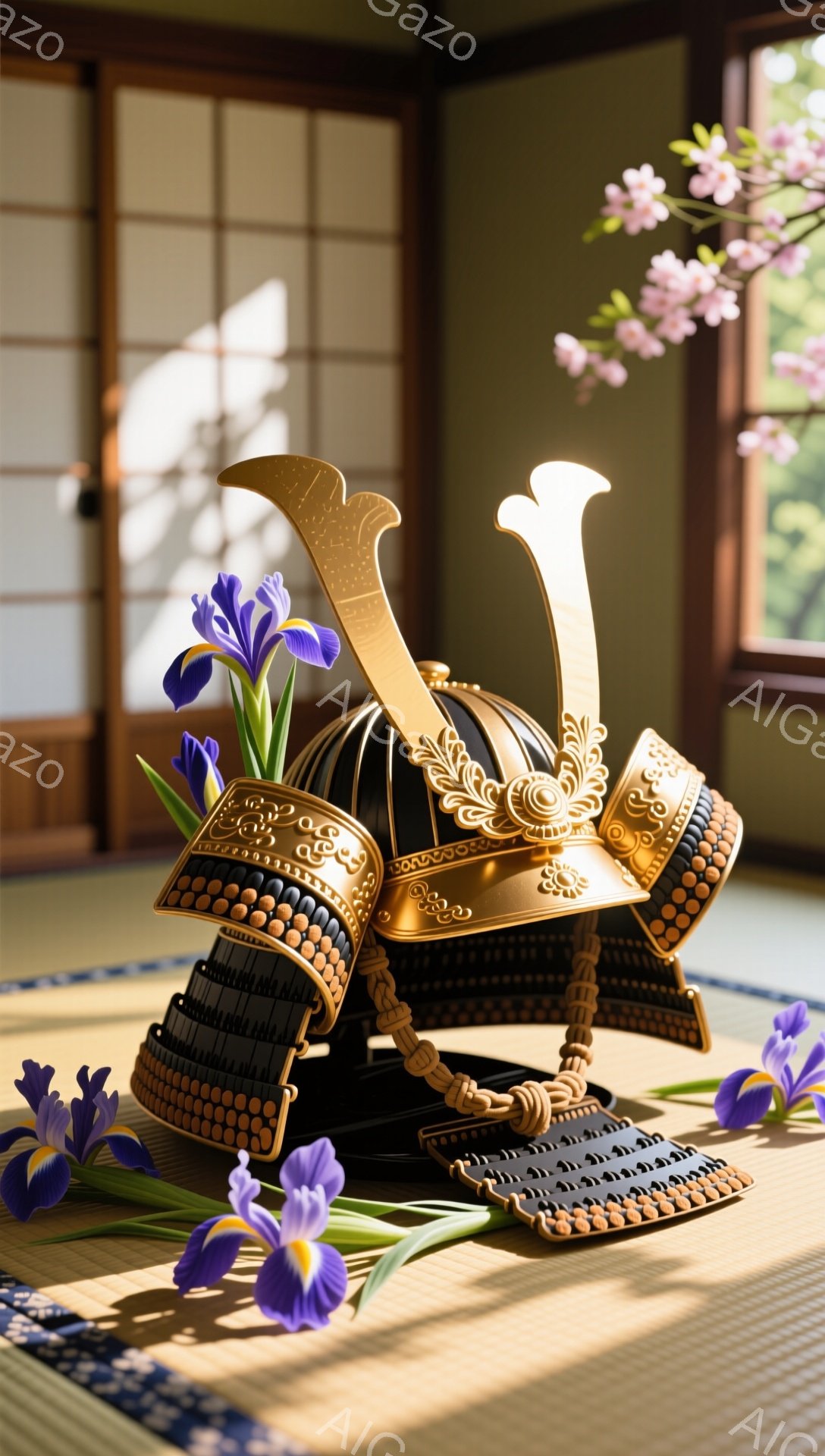 黒い兜が畳の上に置かれ、紫の菖蒲の花が添えられています。背景には薄明かりの光が差し込み、桜の枝がほのかに見え、静寂で厳かな雰囲気が漂います。日本の伝統と美意識が感じられる一枚です。