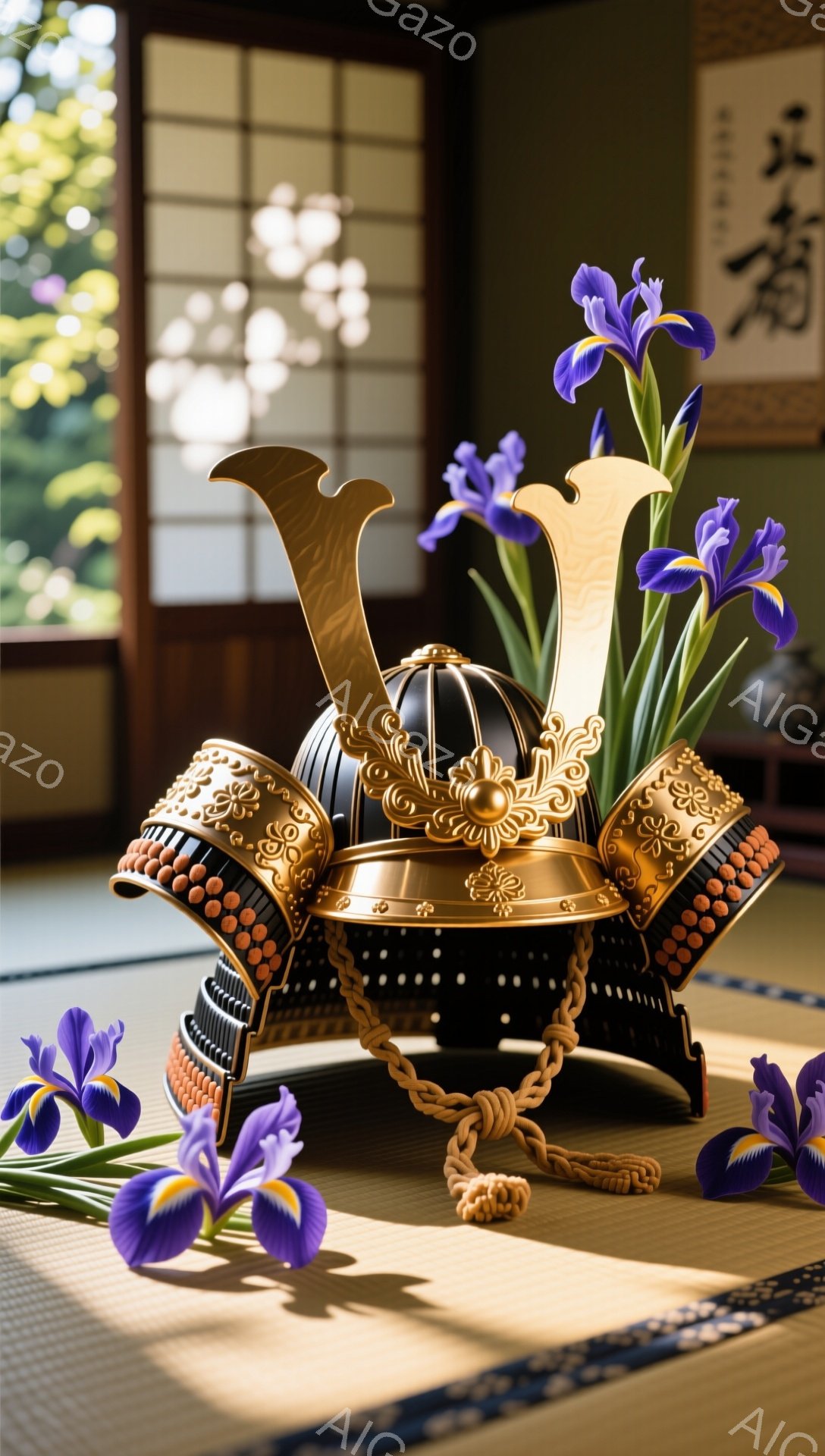 鮮やかな紫色の菖蒲が、黒塗りの兜に添えられた美しい光景です。畳の上に置かれた兜は、金色の装飾が施され、勇ましさと同時に優美さを漂わせています。背景には書や襖が見え、日本の伝統的な雰囲気が感じられます。