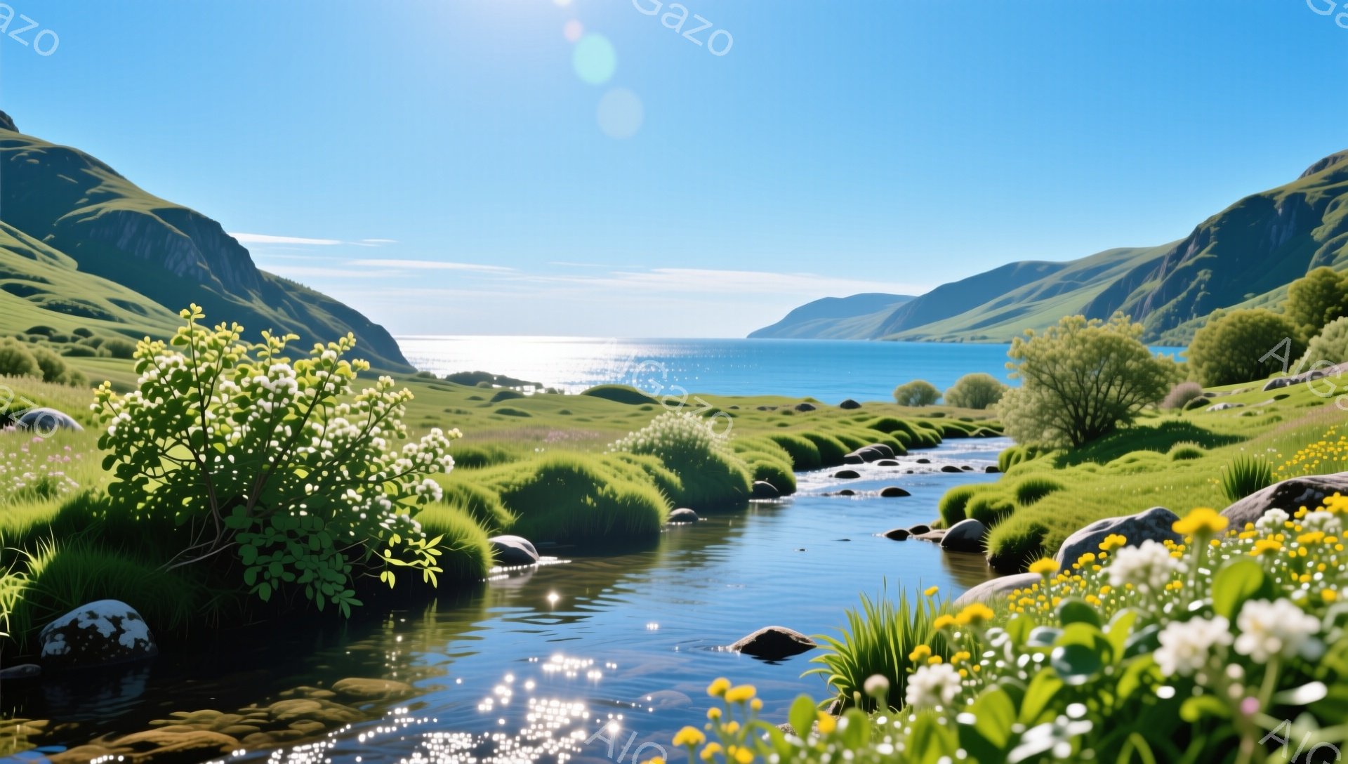 穏やかな小川が緑豊かな丘陵地帯を流れ、遠くには穏やかな海が広がっています。白い花や黄色い花が咲き乱れ、水面には太陽光が反射してキラキラと輝いています。自然の美しさが際立つ、平和で牧歌的な風景です。 - AI生成フリー素材