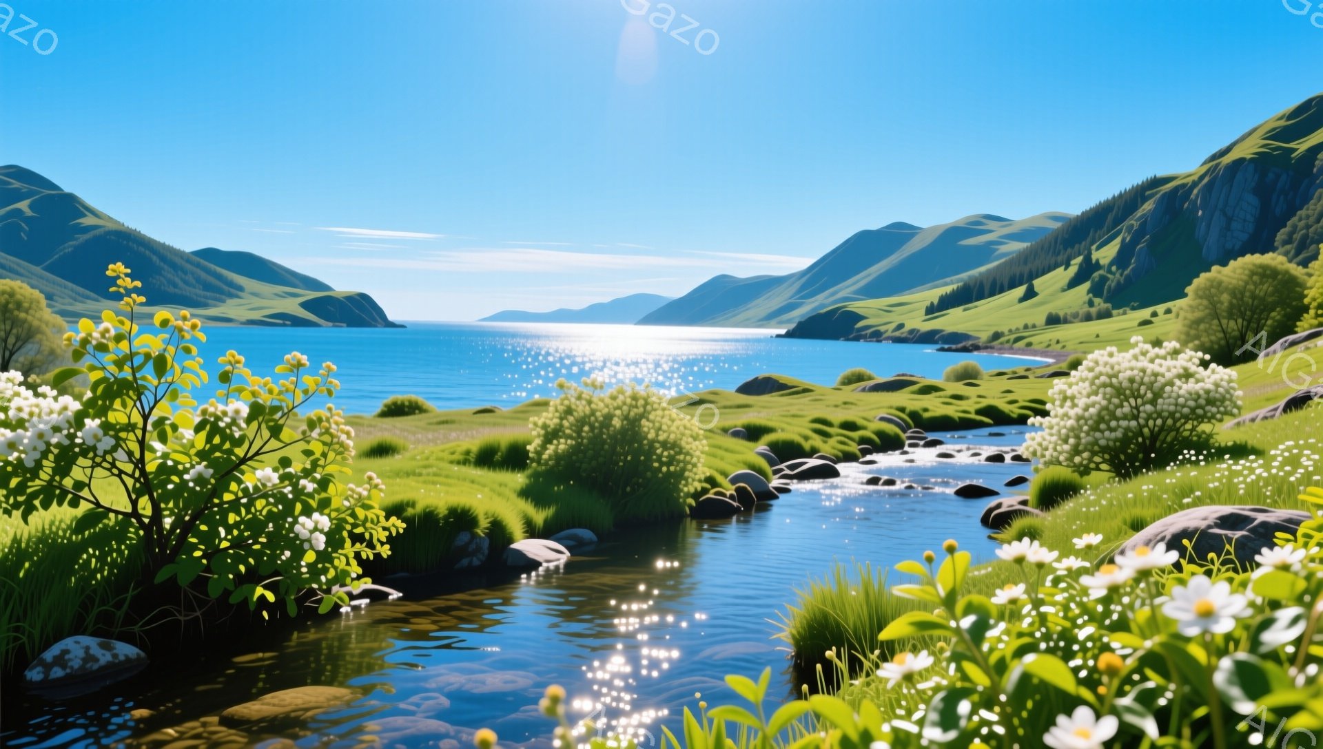 穏やかな丘陵地帯を流れる小川と、その先の海が美しい風景です。白い花々が咲き乱れ、緑豊かな自然が広がっています。水面に反射する光が、平和で穏やかな雰囲気を醸し出しています。 - AI生成フリー素材