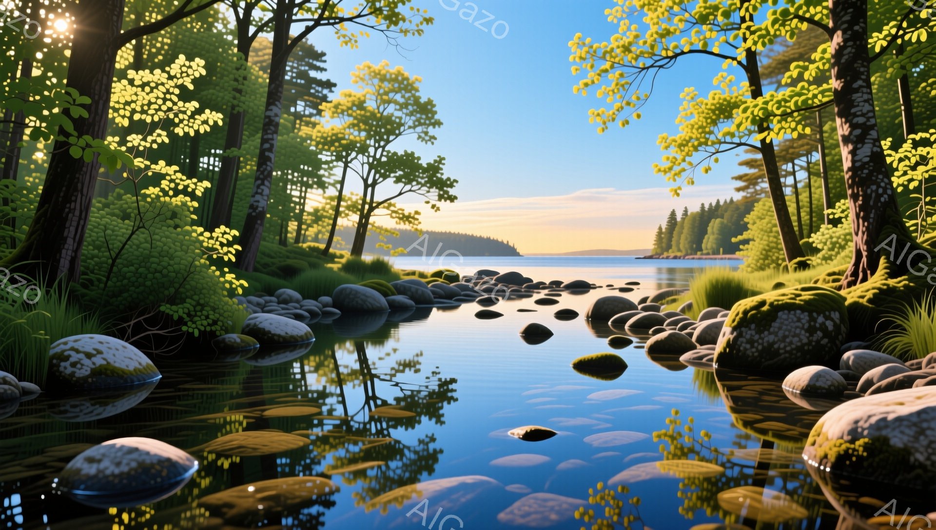 静かな湖面が、緑豊かな森林と岩の多い岸辺を映し出している。太陽光が木々の間から差し込み、水面にきらめきをもたらし、穏やかで平和な雰囲気を醸し出している。遠くにはぼんやりと山々が見え、自然の美しさを強調 - AI生成フリー素材