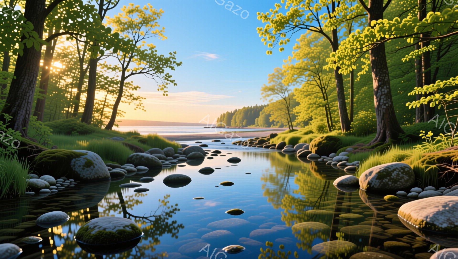 美しい川が森林の緑と青い空の下を流れており、水面には太陽の光が反射してキラキラと輝いている。丸い岩が川底に並び、穏やかな雰囲気を作り出している。自然の美しさを感じる、平和で静かな風景だ。 - AI生成フリー素材