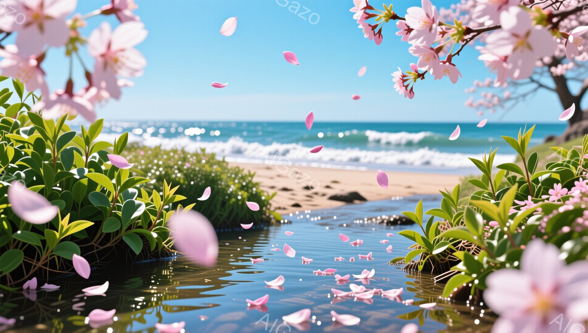 桜の花びらが水面に舞い散り、穏やかな小川が海へと流れている風景です。緑豊かな植物が川岸を彩り、背景には青い空と白い波が広がり、春の暖かな日差しを感じさせます。静かで幻想的な雰囲気が漂い、心が安らぎます - AI生成フリー素材