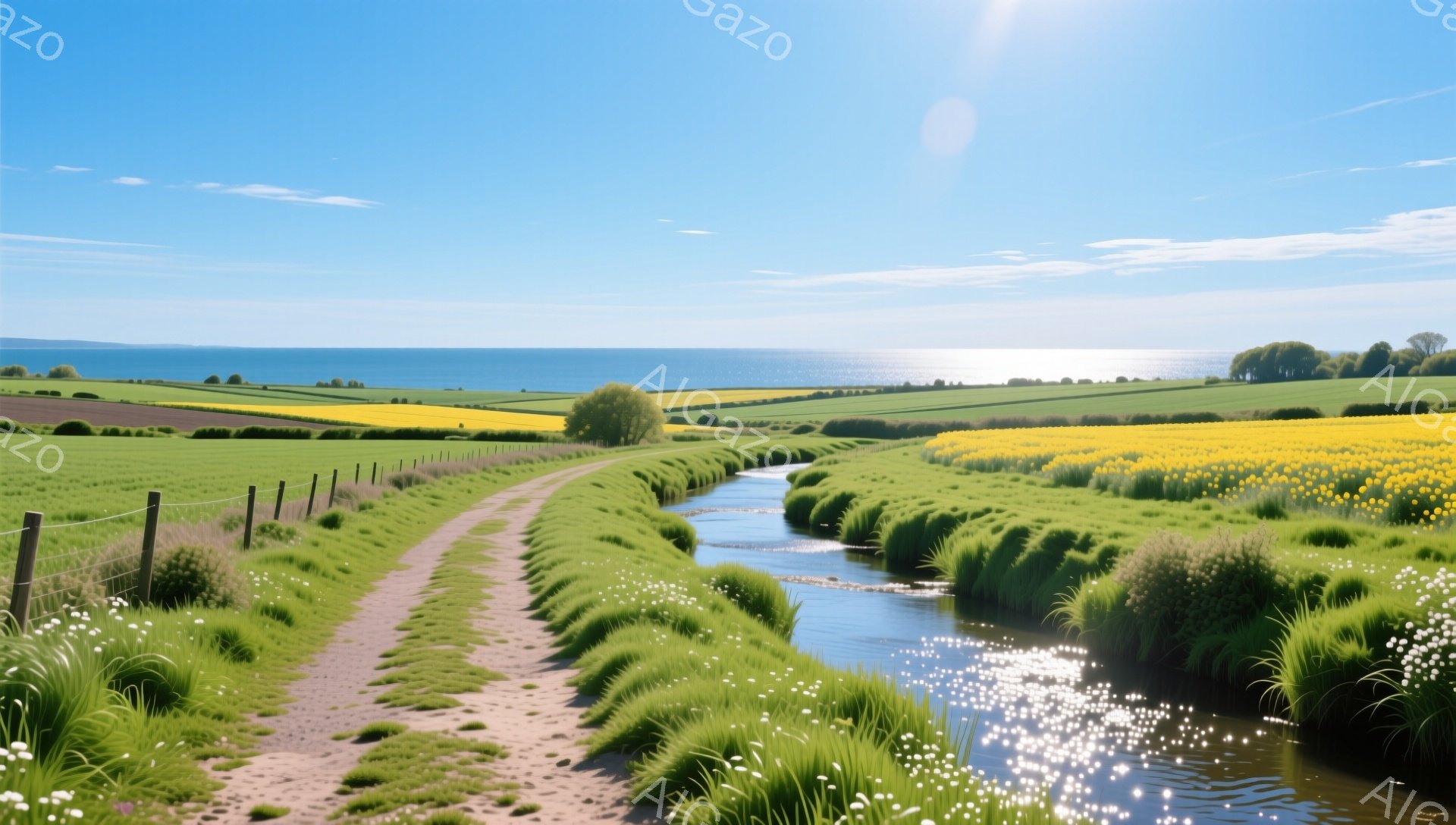 静かな田園風景が広がり、小川が土道に沿って流れている。遠くには海が広がり、緑豊かな牧草地と黄色い花畑が広がる。穏やかな陽光が差し込み、平和で心地よい雰囲気を醸し出している。 - AI生成フリー素材