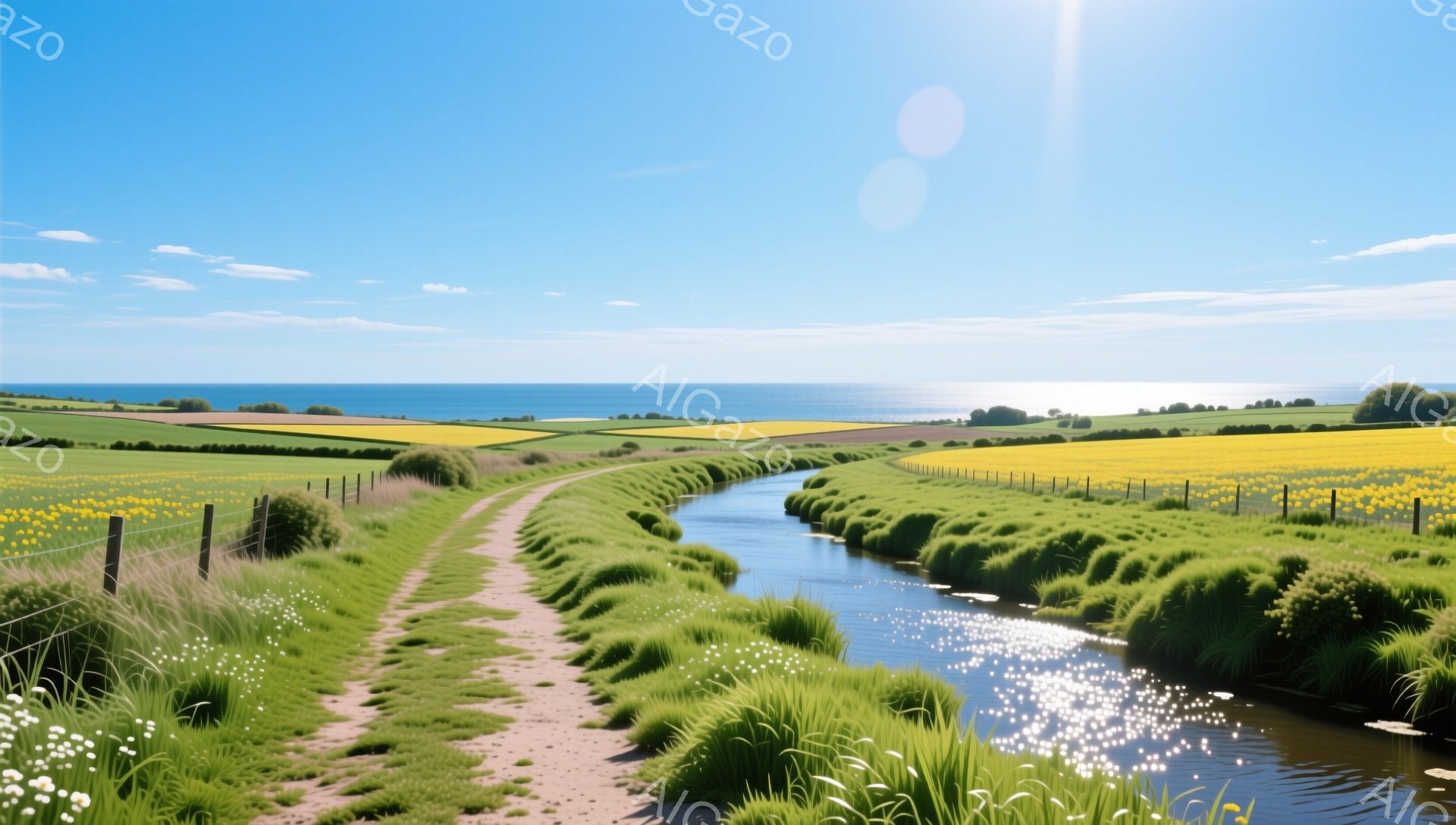 鮮やかな緑の牧草地と菜の花畑が広がり、小川が穏やかに流れている風景です。遠くには青い海が見え、空は澄んでおり、太陽の光が水面に反射して輝いています。自然豊かな穏やかな雰囲気が漂う、美しい景色です。