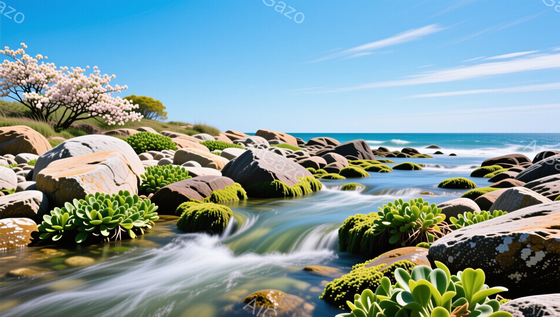 岩の多い海岸線に水が流れており、緑色の植物が岩の隙間に生えている。空は青く、波は穏やかで、穏やかで平和な雰囲気が漂っている。鮮やかな自然の色彩が目に優しい。