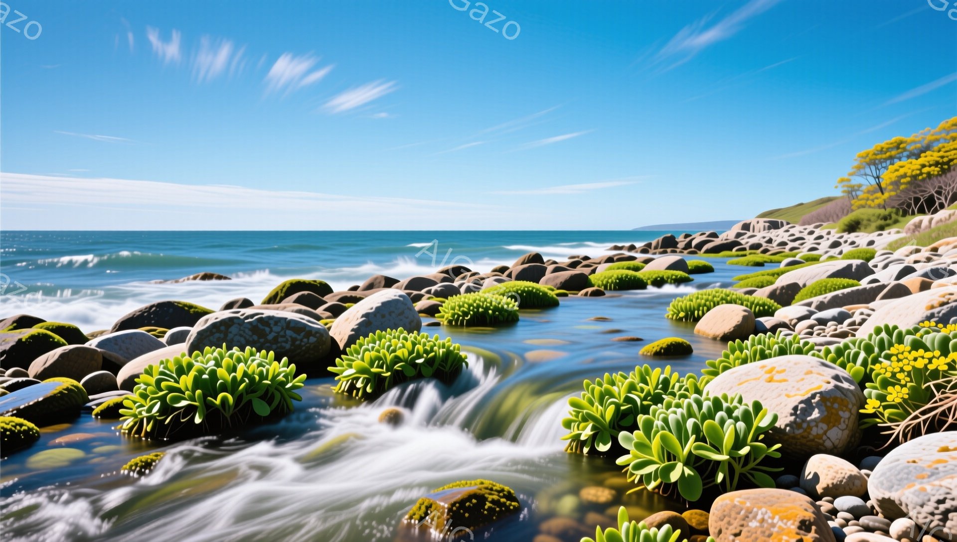 岩が並ぶ海岸線に、緑色の植物が点在している。太陽光が水面を反射し、透明度の高い水が岩の間を流れている。穏やかな雰囲気で、自然の美しさを感じさせる風景だ。