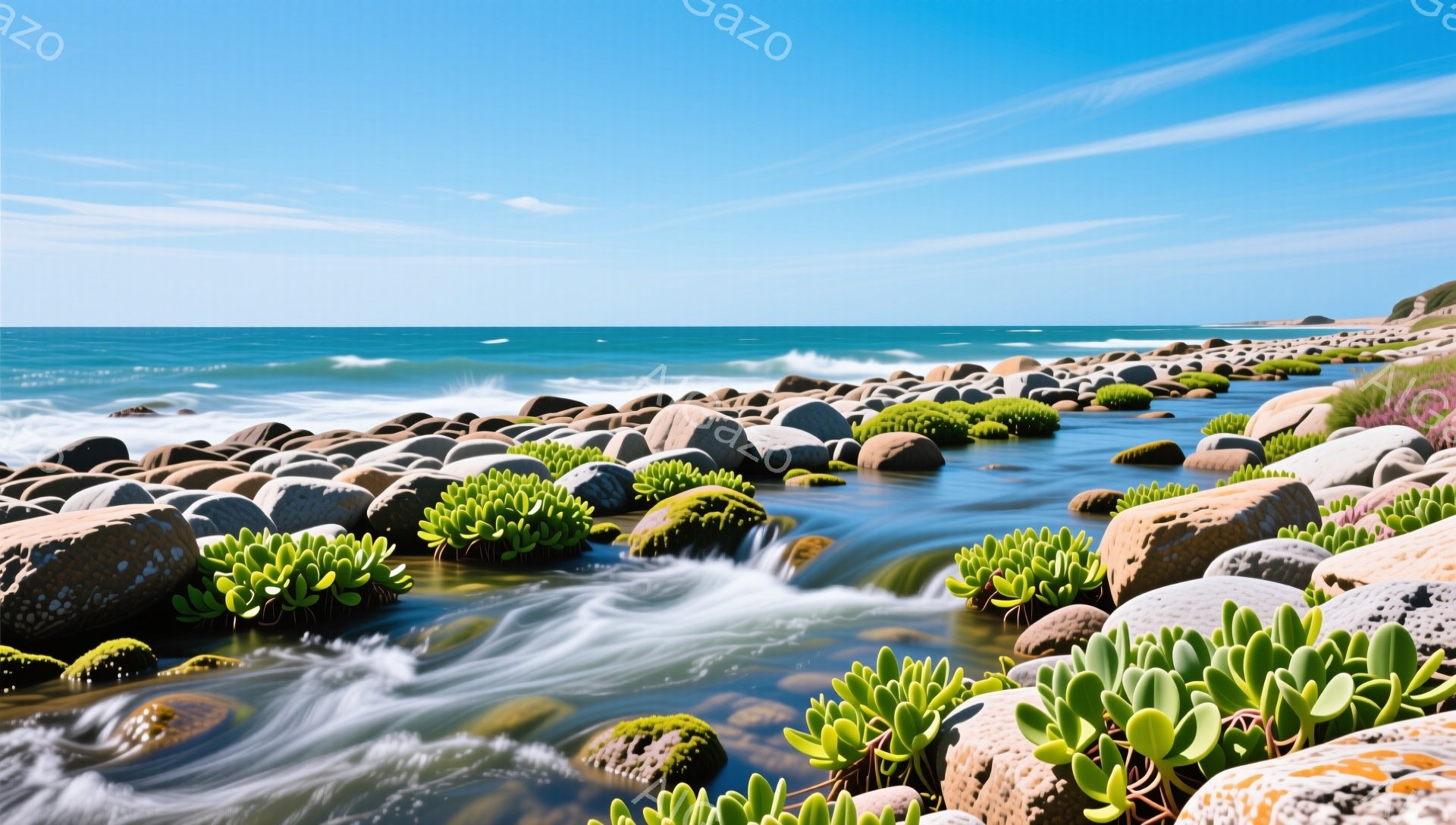 岩場を流れる水が写っており、緑色の植物が点在している。青い空と海が広がり、穏やかで自然豊かな雰囲気が漂っている。水の流れが、岩と植物を際立たせ、美しい光景を作り出している。 - AI生成フリー素材