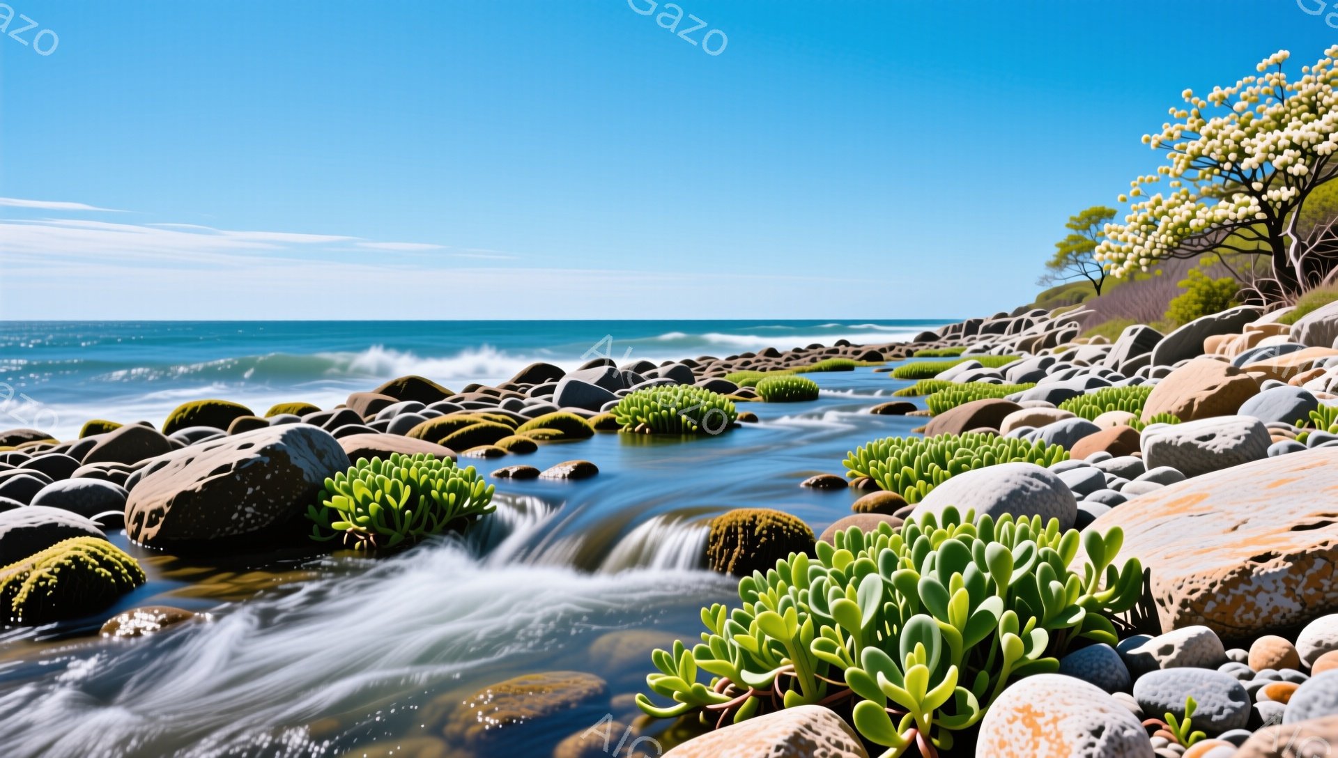 岩の多い海岸線に水の流れが広がり、緑色の植物が点在している。青い空と白い波が背景に広がり、穏やかで自然豊かな雰囲気を醸し出している。水流の速さと岩の配置が、ダイナミックな景観を作り出している。