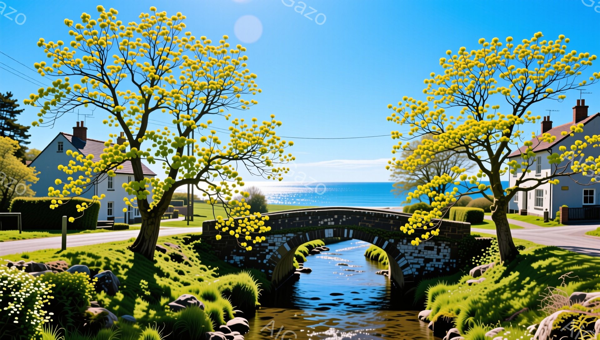 小さな石の橋が緑豊かな風景の中にあり、両側にはかわいらしい家々が並んでいる。背景には青い海と空が広がり、明るい日差しが降り注いでいる。春の穏やかな雰囲気を感じさせる、平和で美しい光景だ。 - AI生成フリー素材