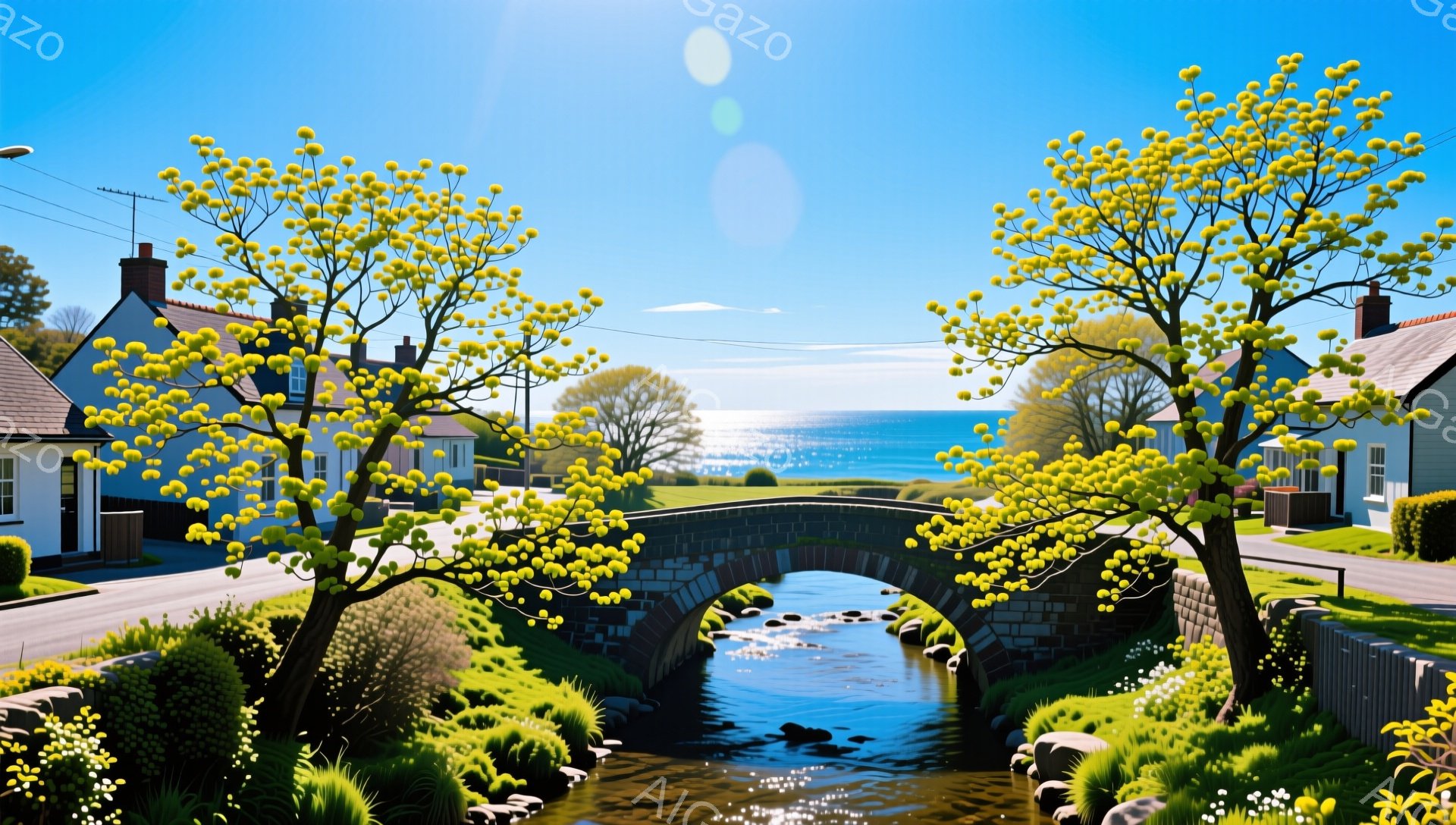 穏やかな風景の中で、石造りのアーチ橋が小川を越えて佇んでいます。周りには緑豊かな木々が生い茂り、背景には青い海が広がっています。春の暖かな日差しが降り注ぎ、平和で静かな雰囲気を醸し出しています。