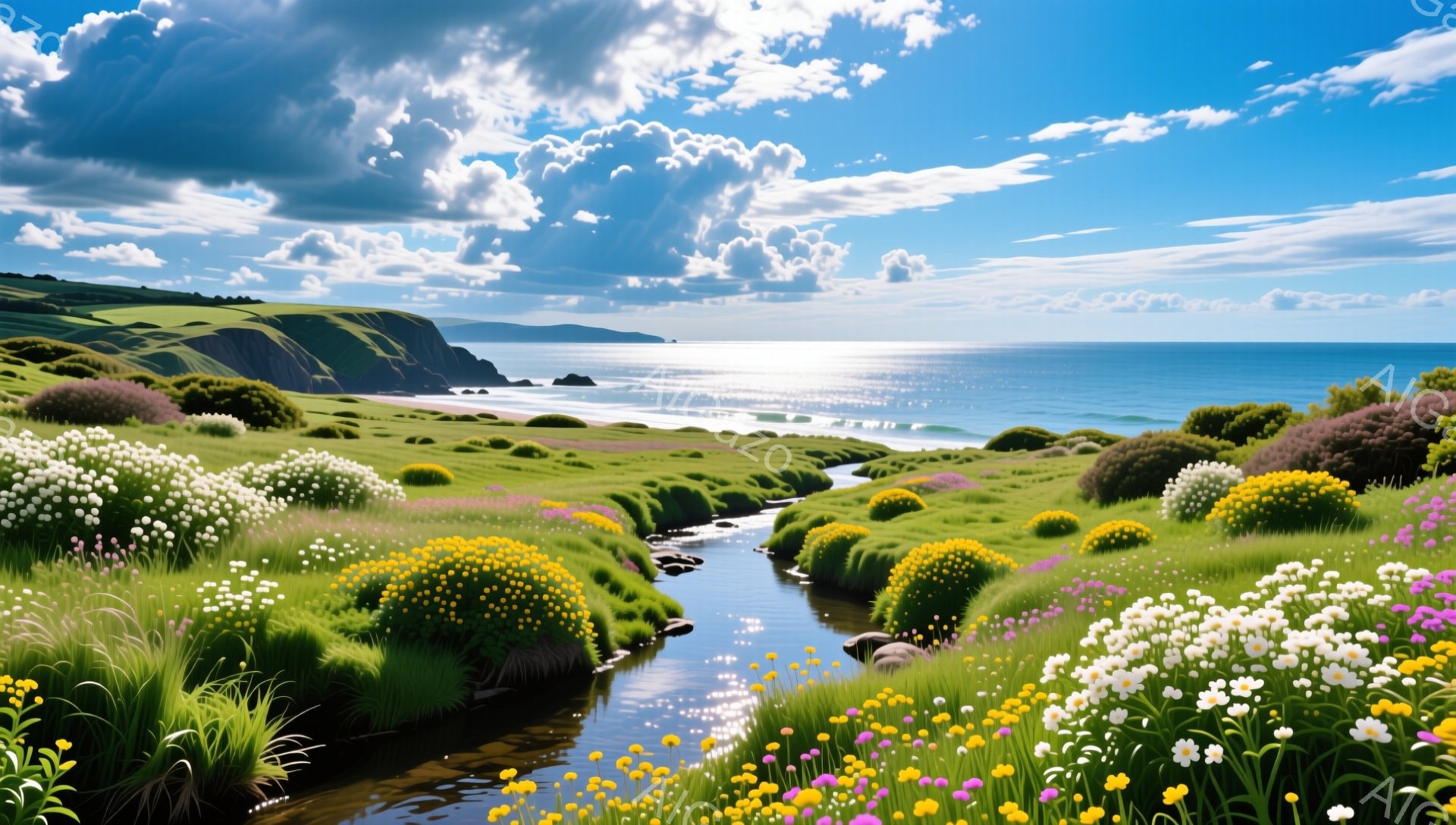 広大な緑の丘陵地帯を小さな川が流れ、その両脇には色とりどりの花々が咲き誇っています。遠くには穏やかな海が広がり、白い雲が空を覆い、平和で牧歌的な風景を作り出しています。光と影のコントラストが美しく、自 - AI生成フリー素材