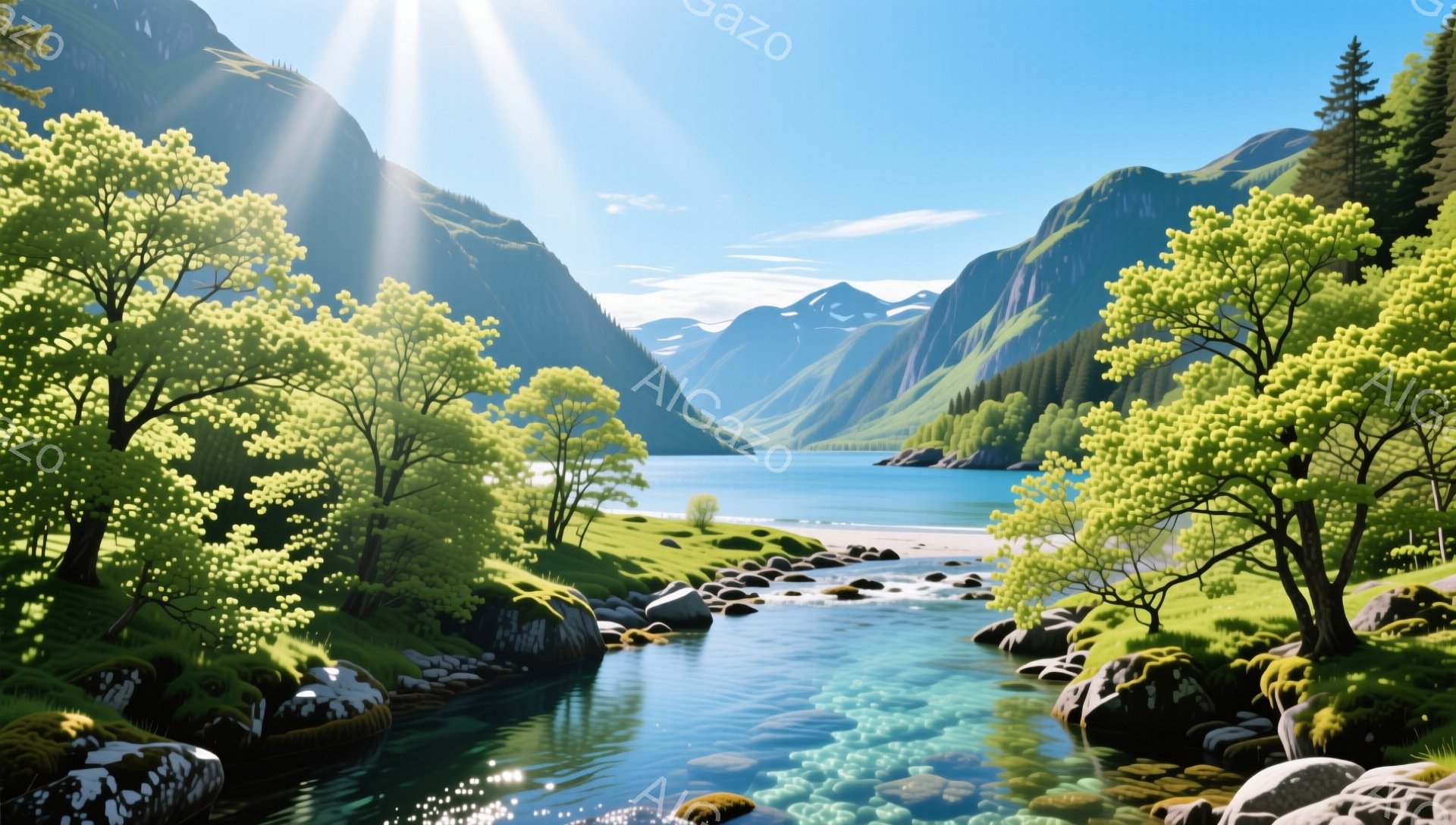 深い緑の山々に囲まれた穏やかな湖が印象的な風景です。水面は太陽の光を反射し、澄み切った水と周囲の緑が調和しています。岩や木々が点在し、自然の美しさを際立たせています。 - AI生成フリー素材