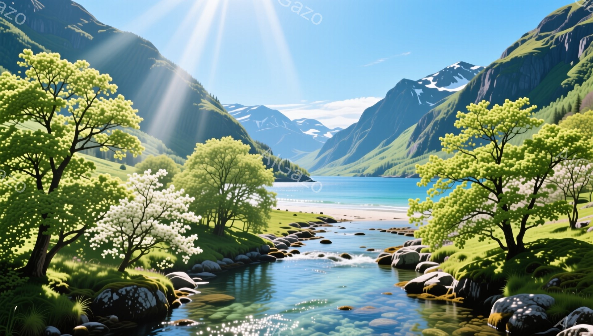 静かな湖へと続く小川が印象的な風景です。緑豊かな山々と白い雪を抱く山頂が、澄んだ水面とコントラストを描き、神聖な雰囲気を醸し出しています。太陽光線が差し込み、自然の美しさを際立たせています。 - AI生成フリー素材