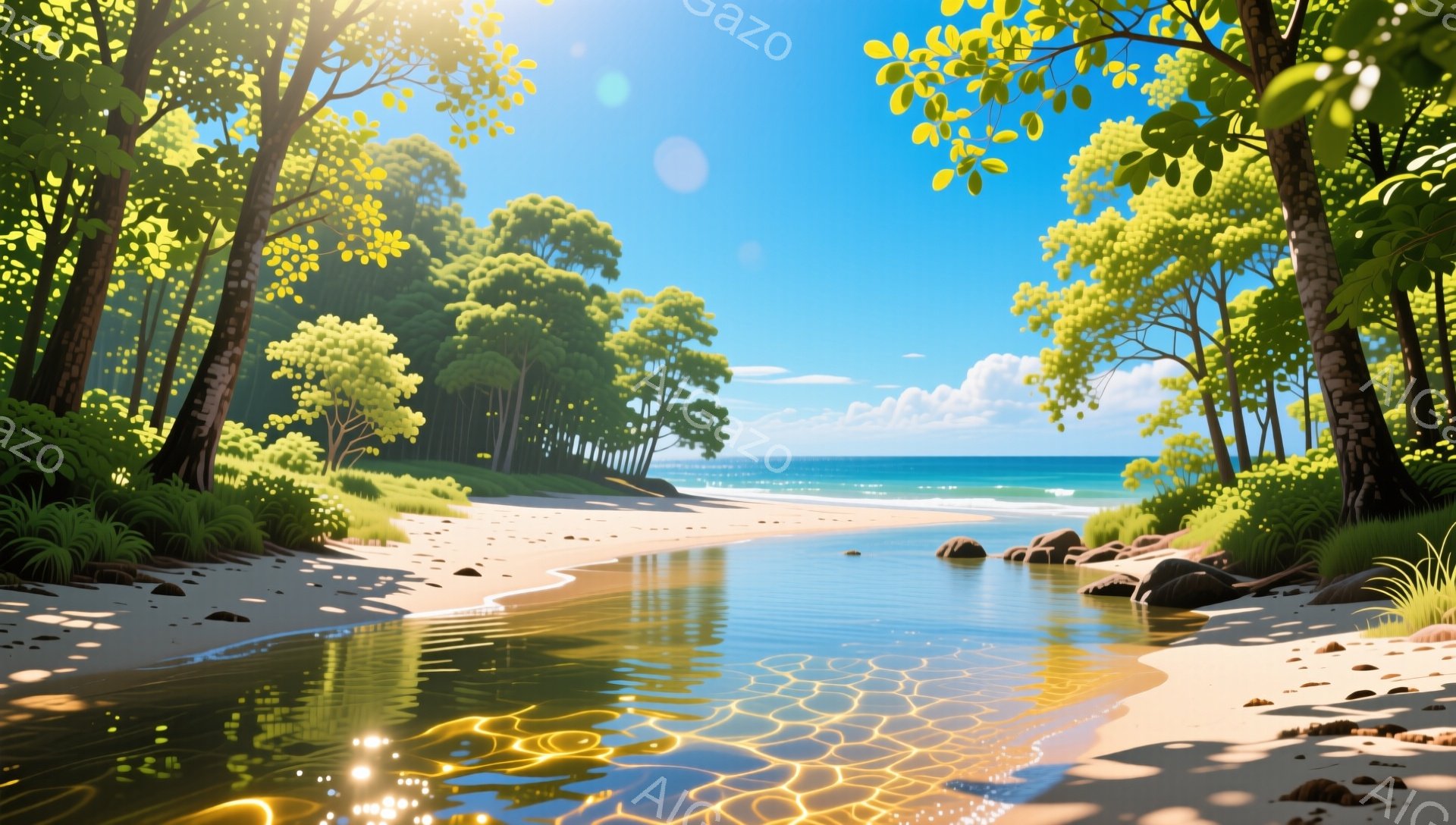 青々とした木々と白い砂浜が広がる美しい風景です。穏やかな水面が太陽の光を反射し、キラキラと輝いています。遠くには青い海が広がり、平和で穏やかな雰囲気が漂っています。 - AI生成フリー素材