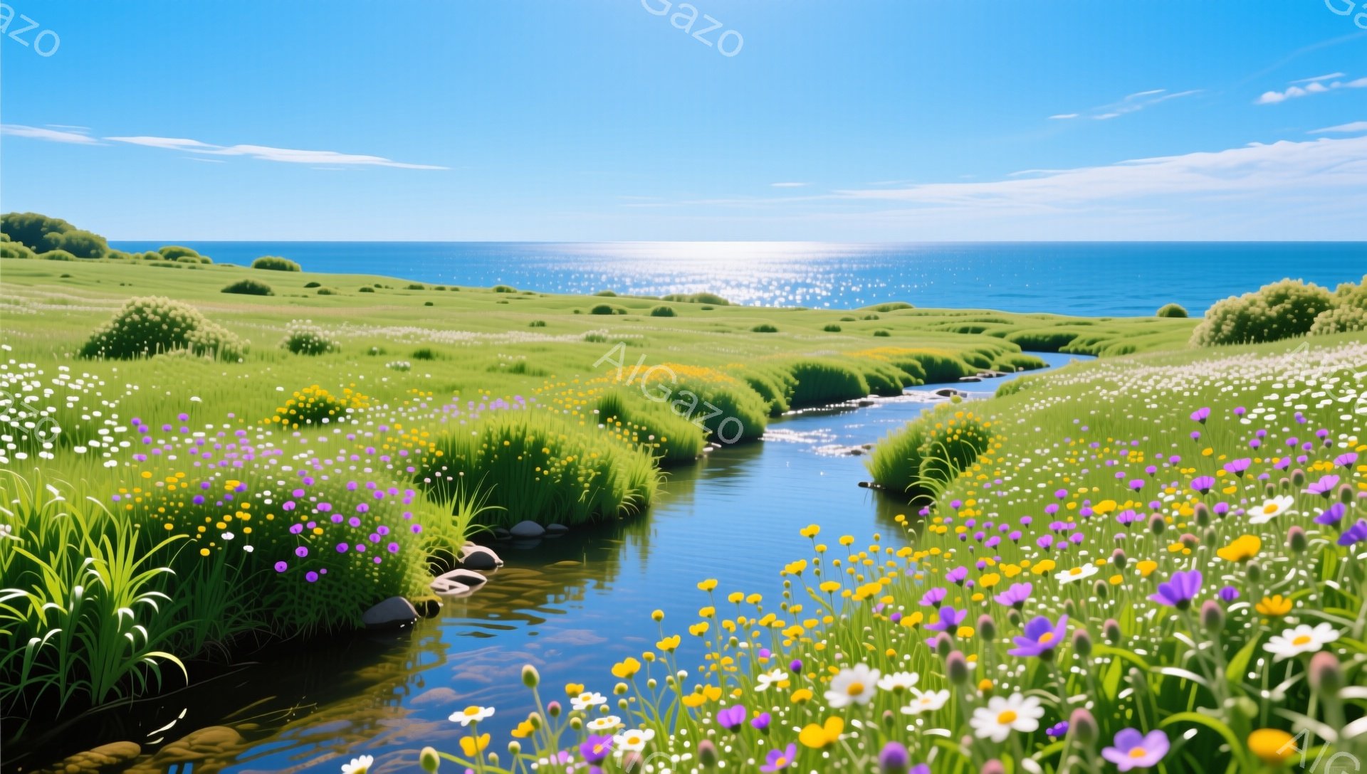 青々とした草花が生い茂る丘が、穏やかな海へと続く景色です。小さな川がその丘を縫うように流れ、太陽の光を反射してキラキラと輝いています。空は青く、平和で穏やかな雰囲気が広がっています。 - AI生成フリー素材