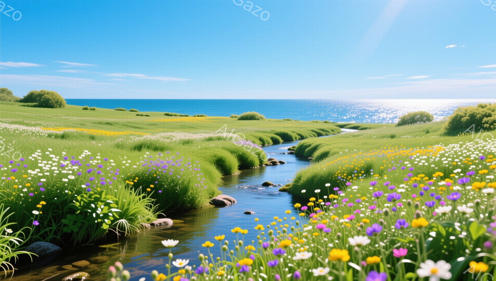 広々とした緑の草原が広がり、鮮やかな野花が咲き乱れている。小川が草原の中を蛇行し、遠くには穏やかな海が見える。空は青く、日差しが暖かく、平和で穏やかな雰囲気が漂っている。 - AI生成フリー素材