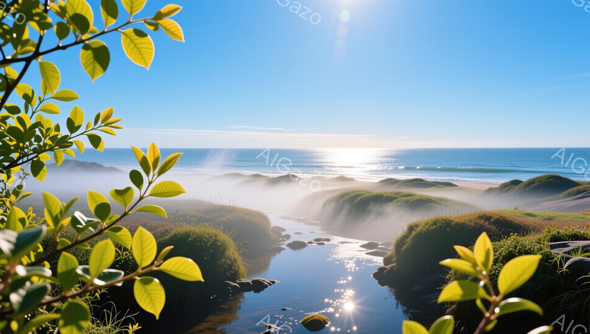 穏やかな小川が緑の丘を流れ、遠くには青い海が広がっている。朝霧が立ち込め、水面や丘に幻想的な雰囲気を添えている。太陽の光が水面を照らし、キラキラと輝いている。 - AI生成フリー素材