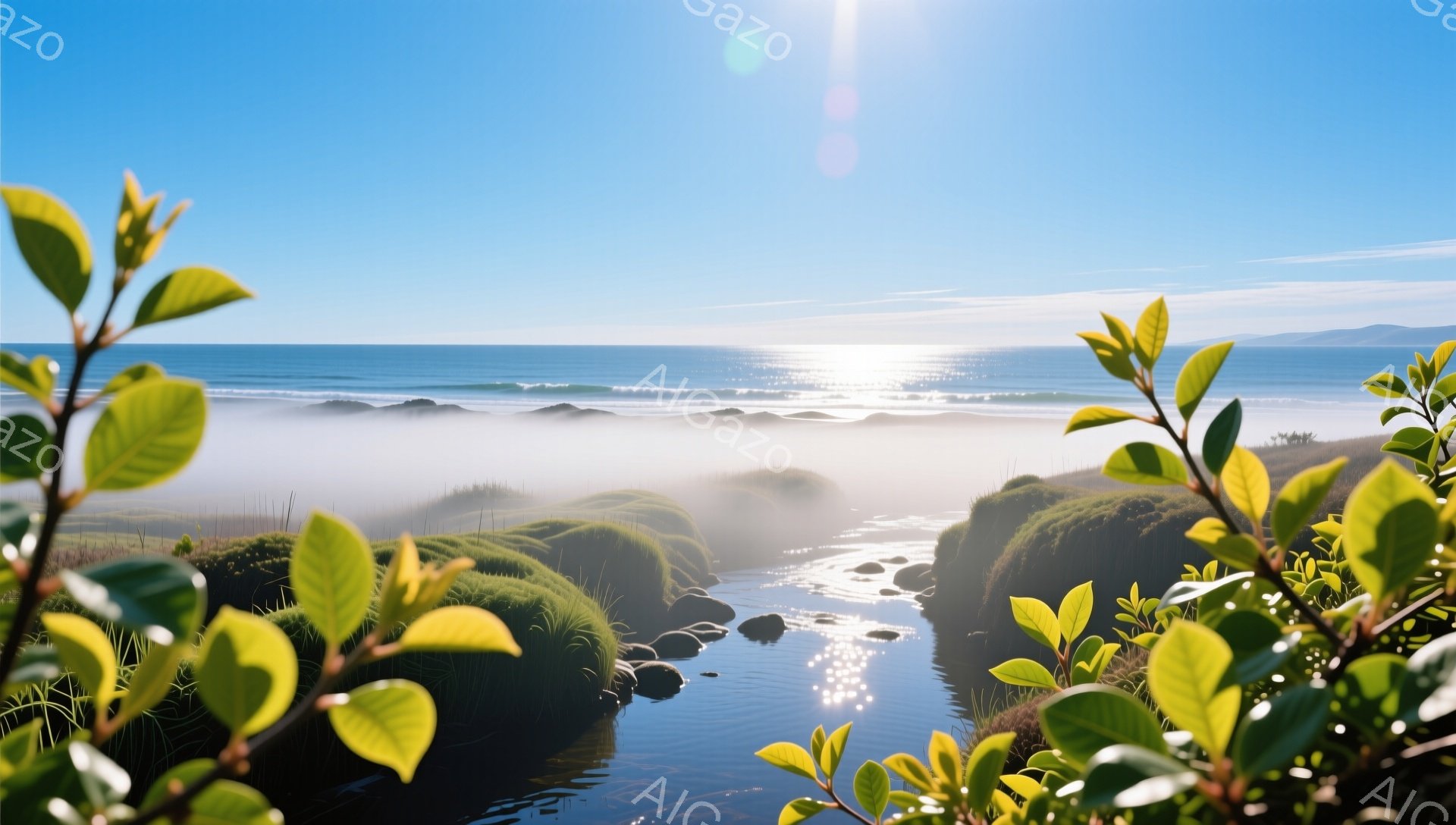 穏やかな海と緑豊かな自然が広がる光景です。朝霧が立ち込め、水面に太陽の光が反射し幻想的な雰囲気を醸し出しています。前景には緑の葉が配置され、奥行きのある美しい風景が描かれています。 - AI生成フリー素材