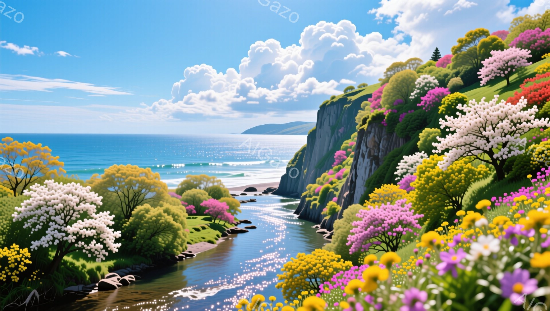 青々とした崖と、崖の下を流れる小川が印象的な風景です。鮮やかなピンク、白、黄色の花々が咲き乱れ、春の暖かさと生命力を感じさせます。空にはふわふわとした白い雲が浮かび、穏やかで平和な雰囲気が広がっています。