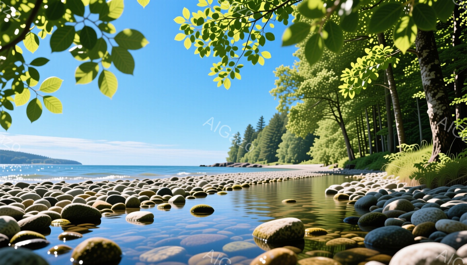 岩が敷き詰められた海岸線と澄んだ青い海が広がり、穏やかな夏の日の風景を描いています。木々の緑と太陽の光が水面を照らし、静かで平和な雰囲気を醸し出しています。自然の美しさが際立つ、心安らぐ光景です。
