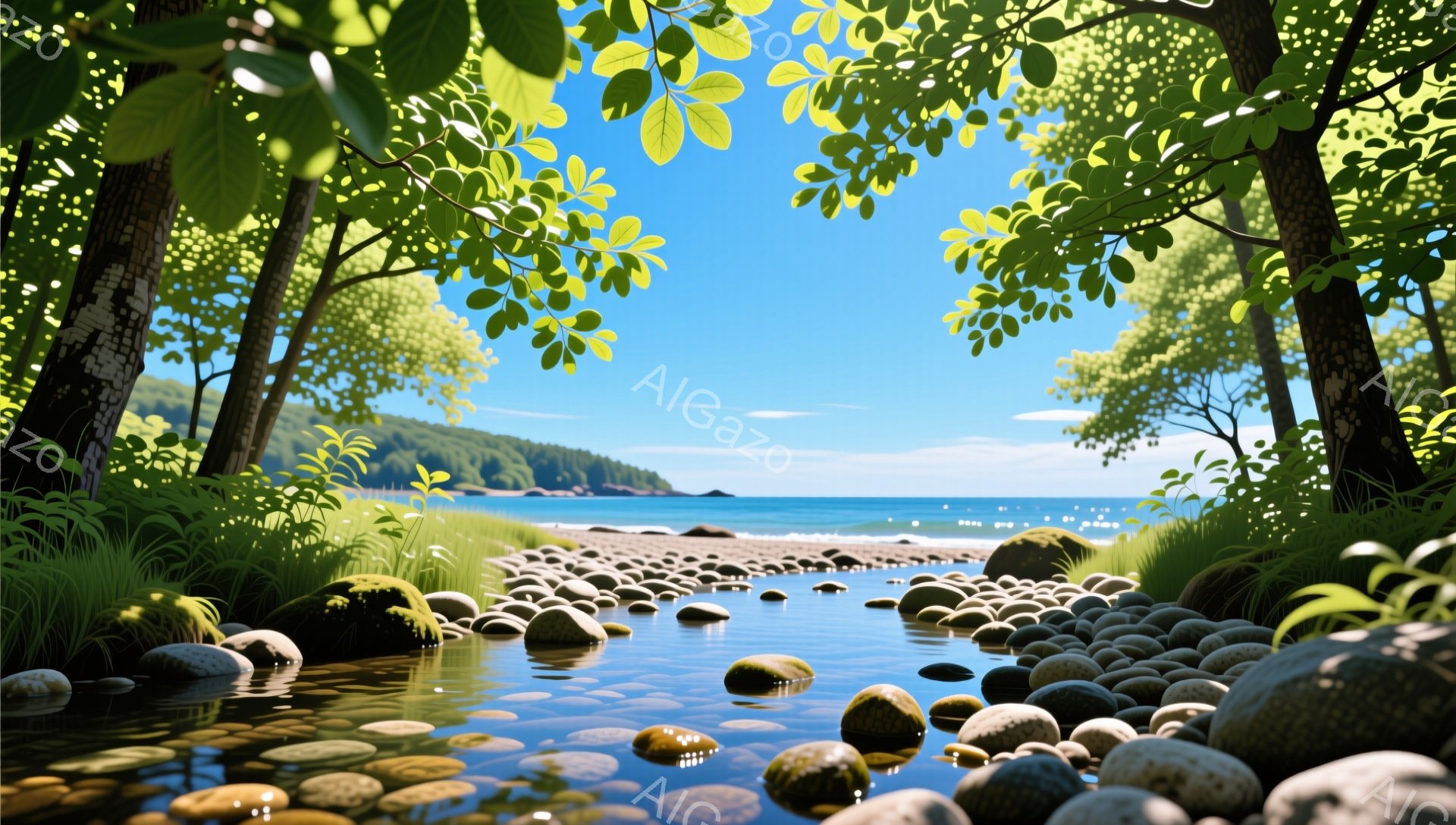 岩が並ぶ小川が、緑豊かな森林と青い海へと繋がる風景が描かれている。水面は穏やかで、太陽の光が反射し、自然の静けさと美しさを感じさせる。木々の葉がフレームを飾り、絵画のような雰囲気を醸し出している。 - AI生成フリー素材