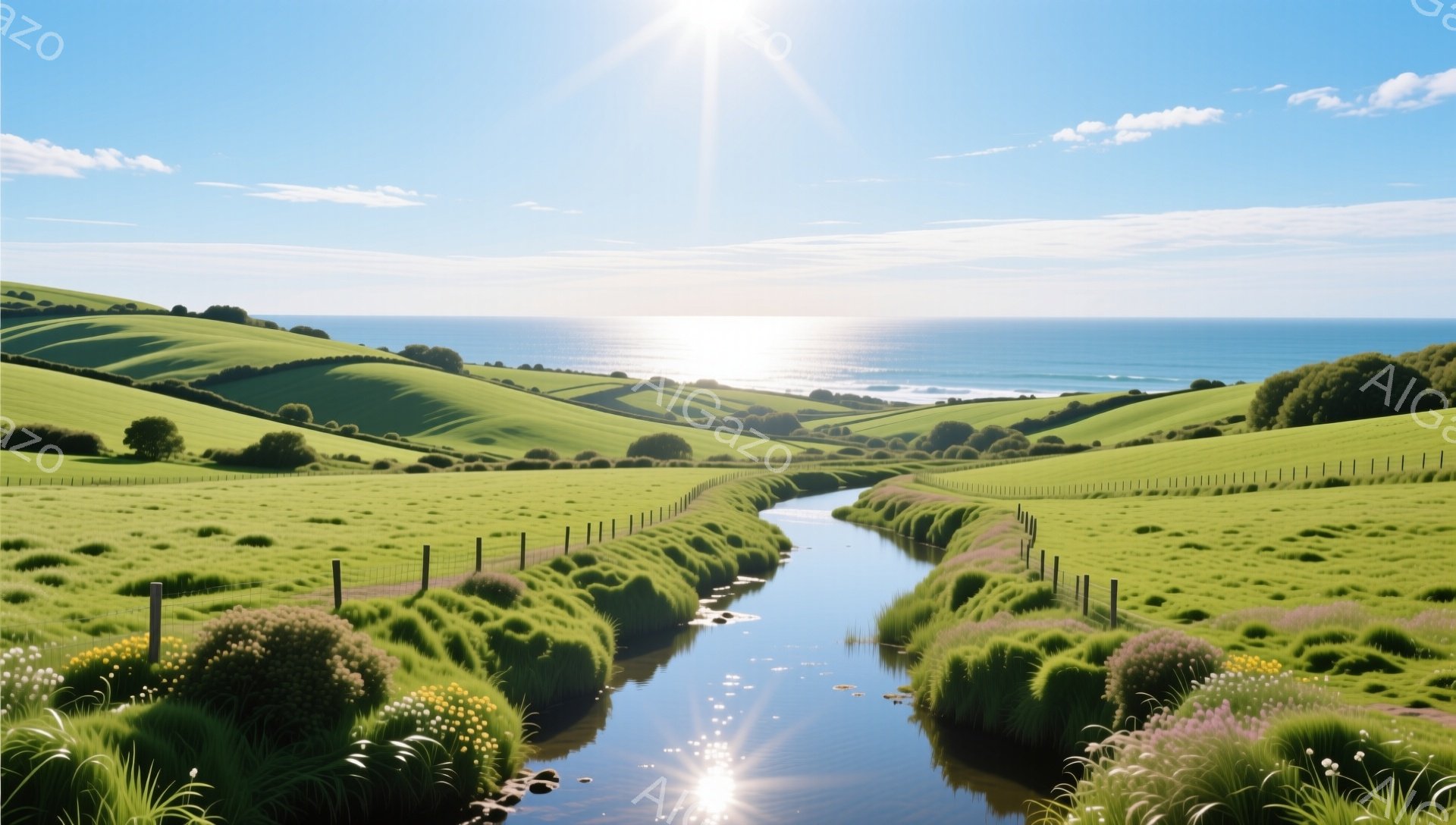 緑豊かな丘陵地帯を流れる小川が印象的な風景です。穏やかな水面は太陽光を反射し、きらきらと輝いています。遠くには青い海が広がり、平和で静かな雰囲気を醸し出しています。