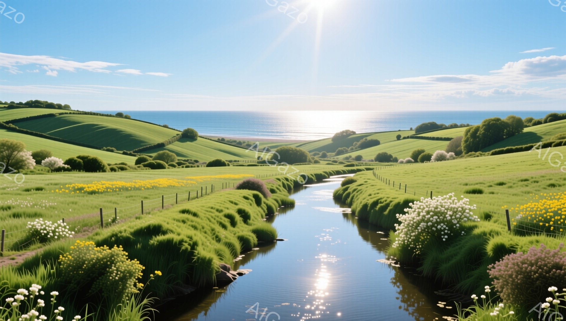 緑豊かな丘陵地帯を流れる小川が印象的な風景です。太陽の光が水面に反射し、明るく穏やかな雰囲気を醸し出しています。遠くには青い海が見え、自然の美しさを際立たせています。 - AI生成フリー素材
