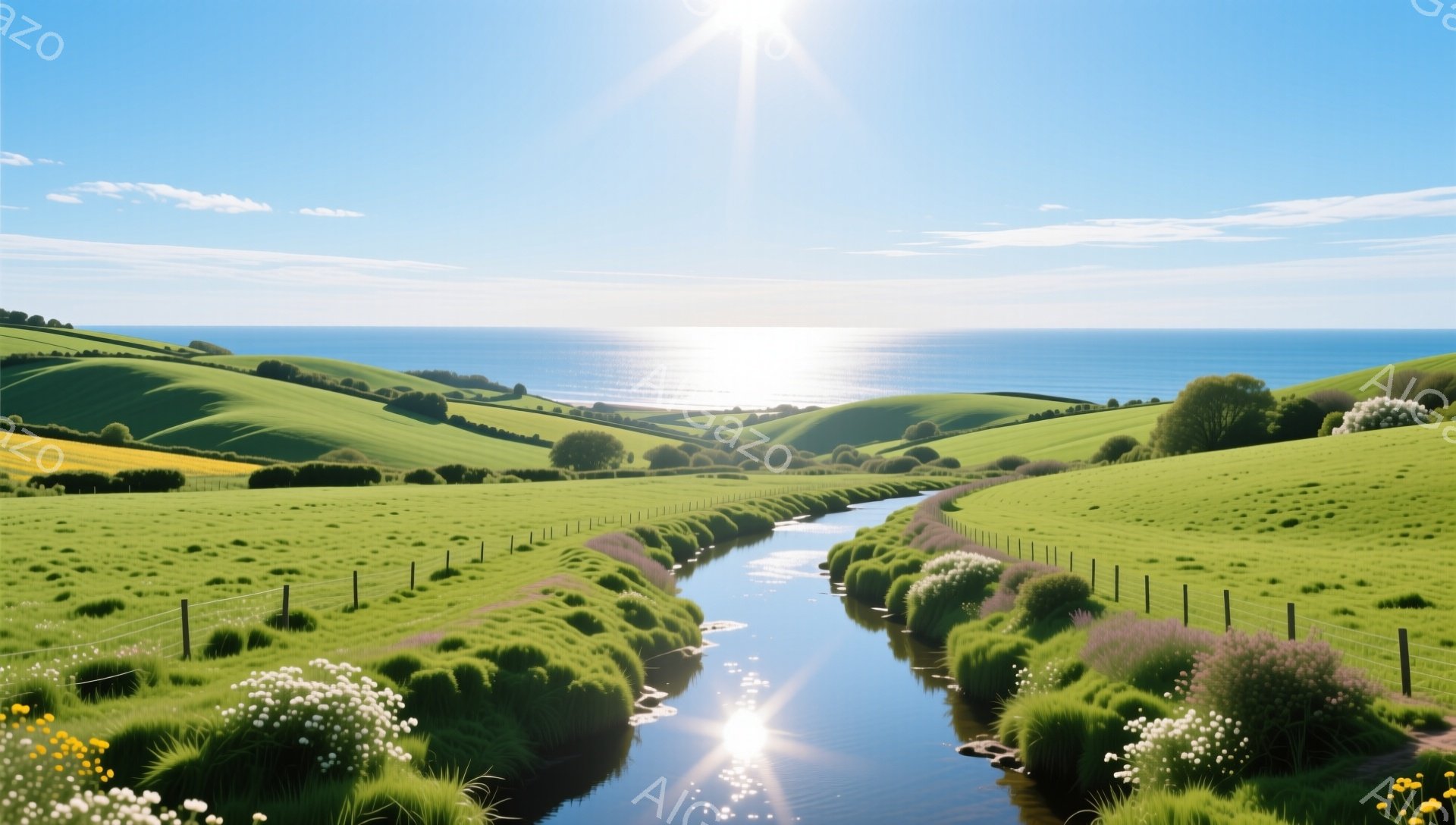 穏やかな丘陵地帯を小さな川が流れ、その両側には緑豊かな草が生い茂っています。太陽の光が水面に反射し、キラキラと輝き、遠くには青い海が広がっています。平和で美しい自然の風景です。 - AI生成フリー素材