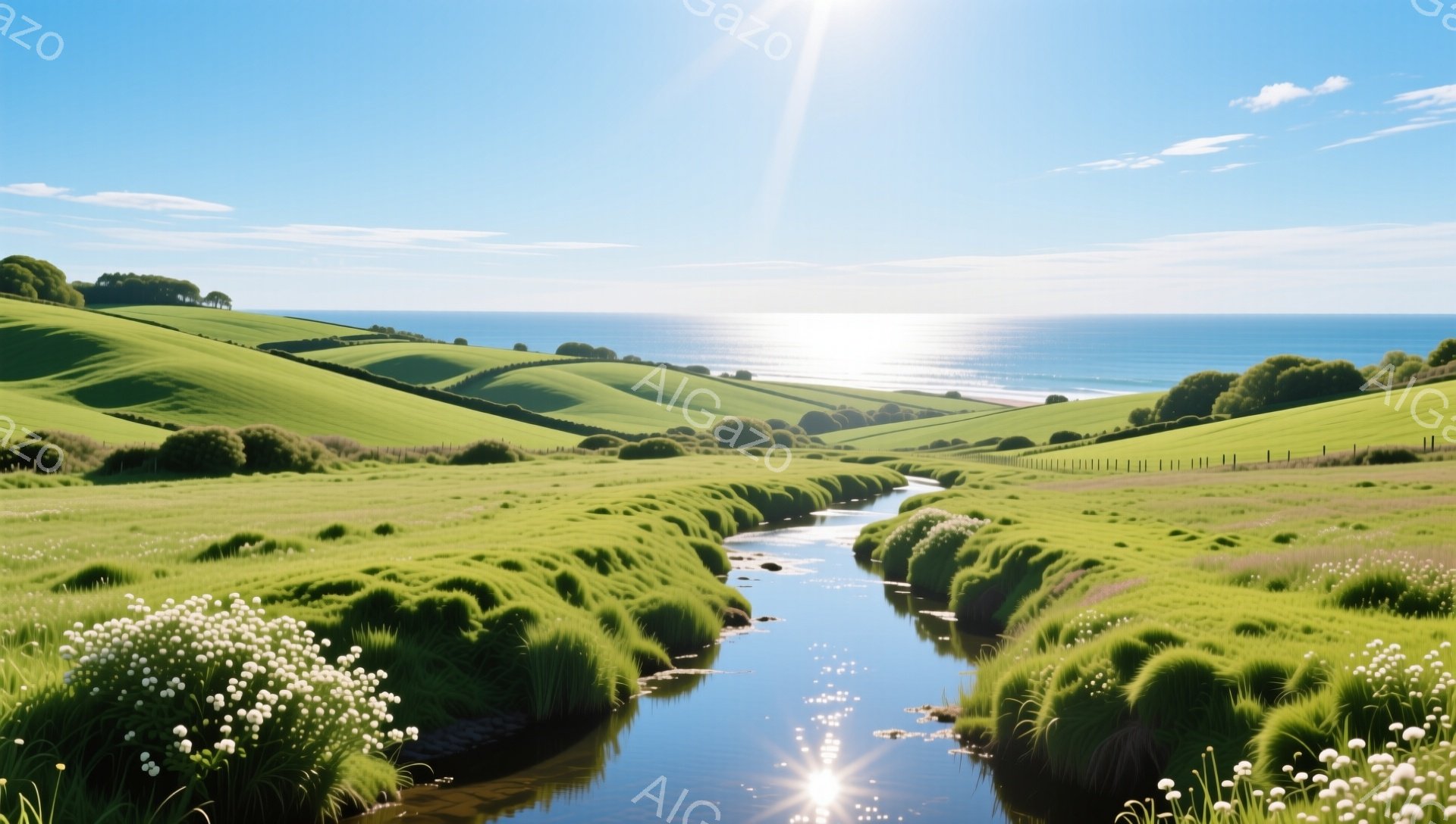 静かな丘陵地帯を流れる小さな川が印象的な風景です。太陽の光が水面に反射し、緑豊かな牧草地がどこまでも広がっています。穏やかで平和な雰囲気が漂い、自然の美しさを感じさせます。