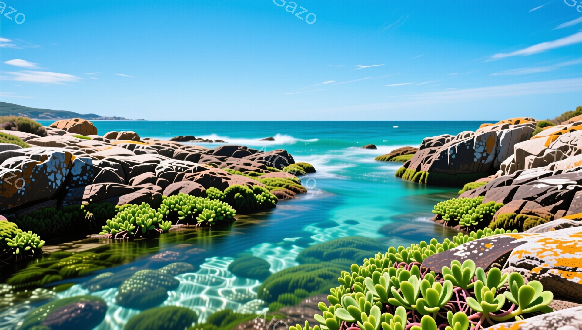 岩だらけの海岸線に緑の植物が点在し、ターコイズブルーの海が穏やかに波打っている。岩の隙間には水が流れ込み、独特の景観を作り出している。晴天の下、穏やかな海と岩のコントラストが美しい風景だ。