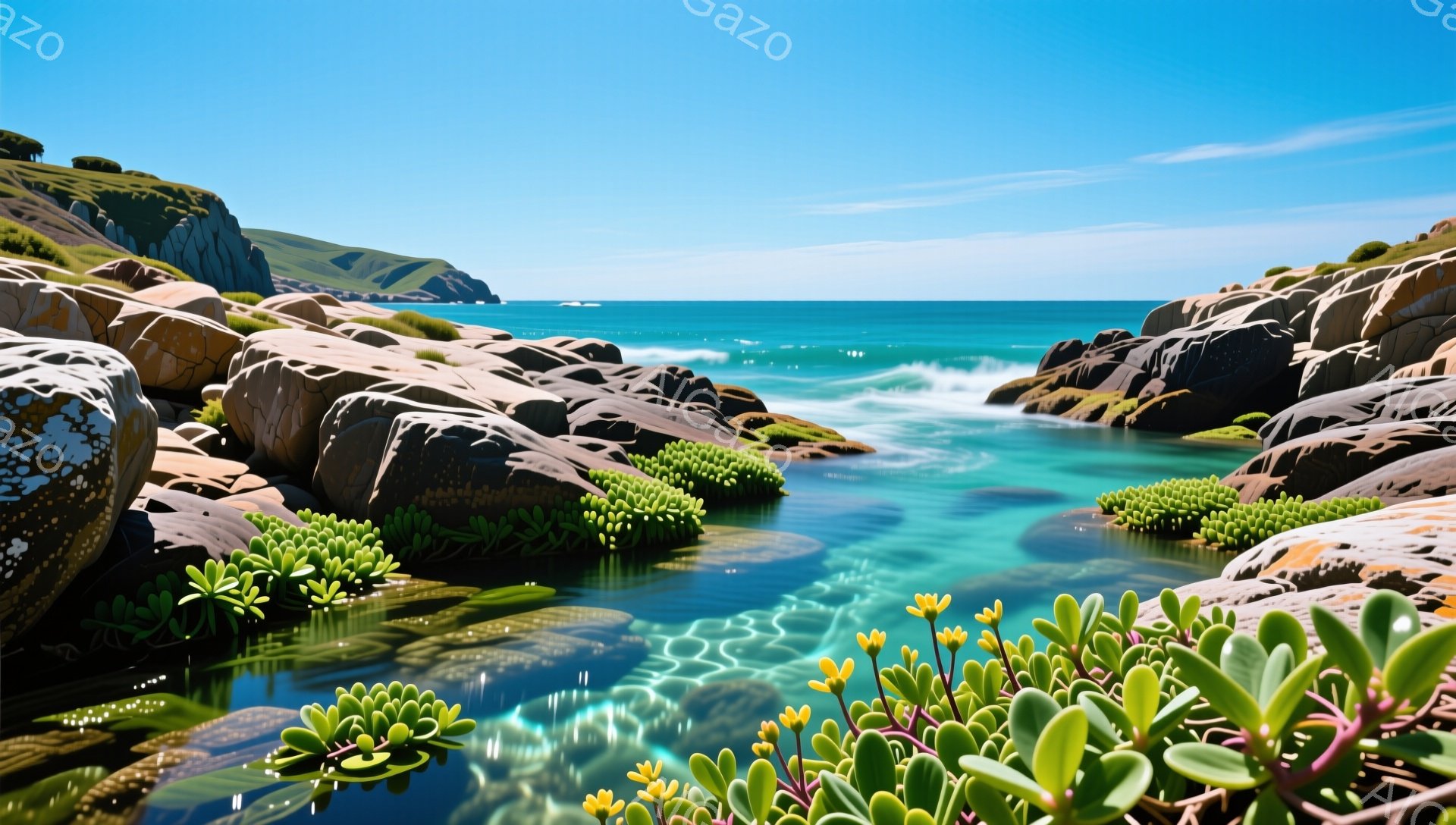 岩だらけの海岸線に水が流れ込み、透明度の高い水面が美しい風景です。緑豊かな植物が岩場を彩り、穏やかな波が打ち寄せ、平和な雰囲気を醸し出しています。太陽の光が水面で反射し、キラキラと輝き、自然の美しさを引き立てています。