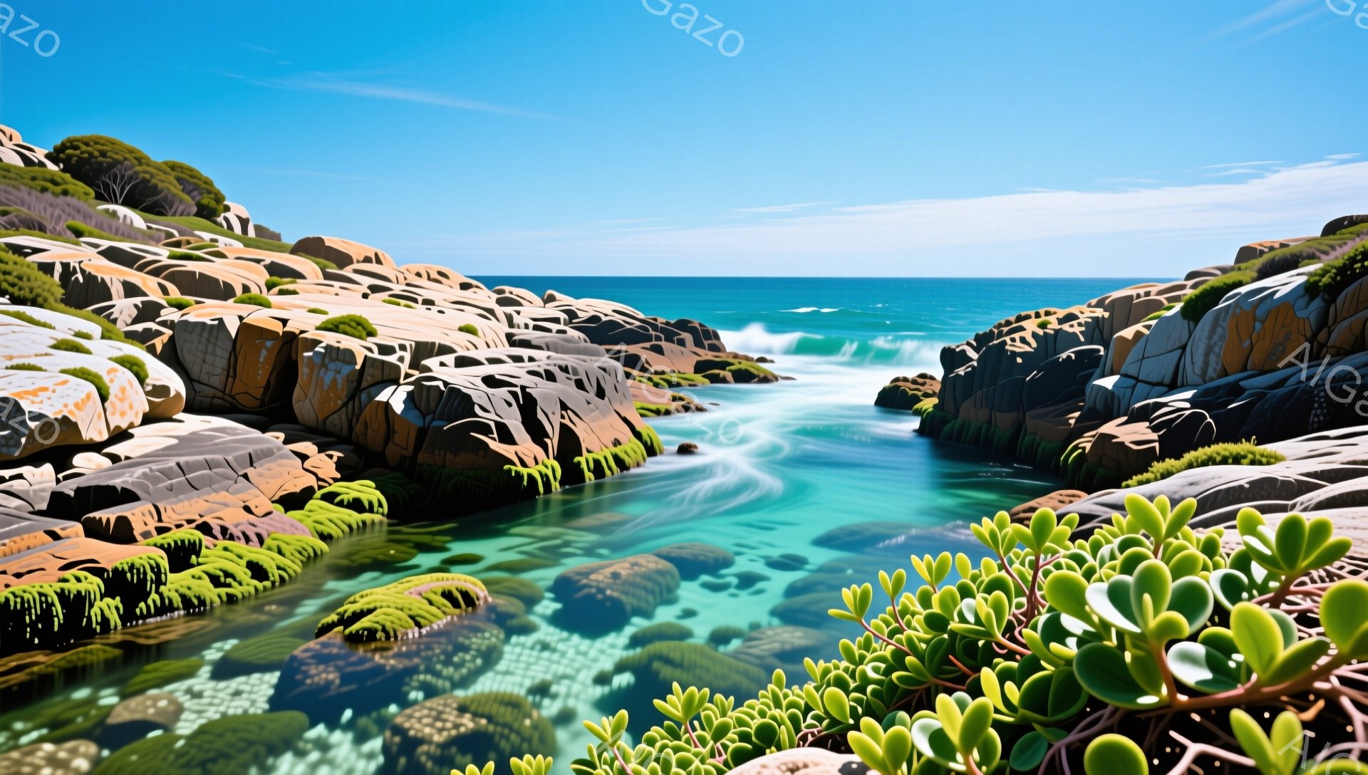 穏やかな青い海と岩場が広がる風景です。緑の植物が岩の隙間から生え、水の流れが美しいコントラストを生み出しています。晴天で静寂な雰囲気が感じられます。