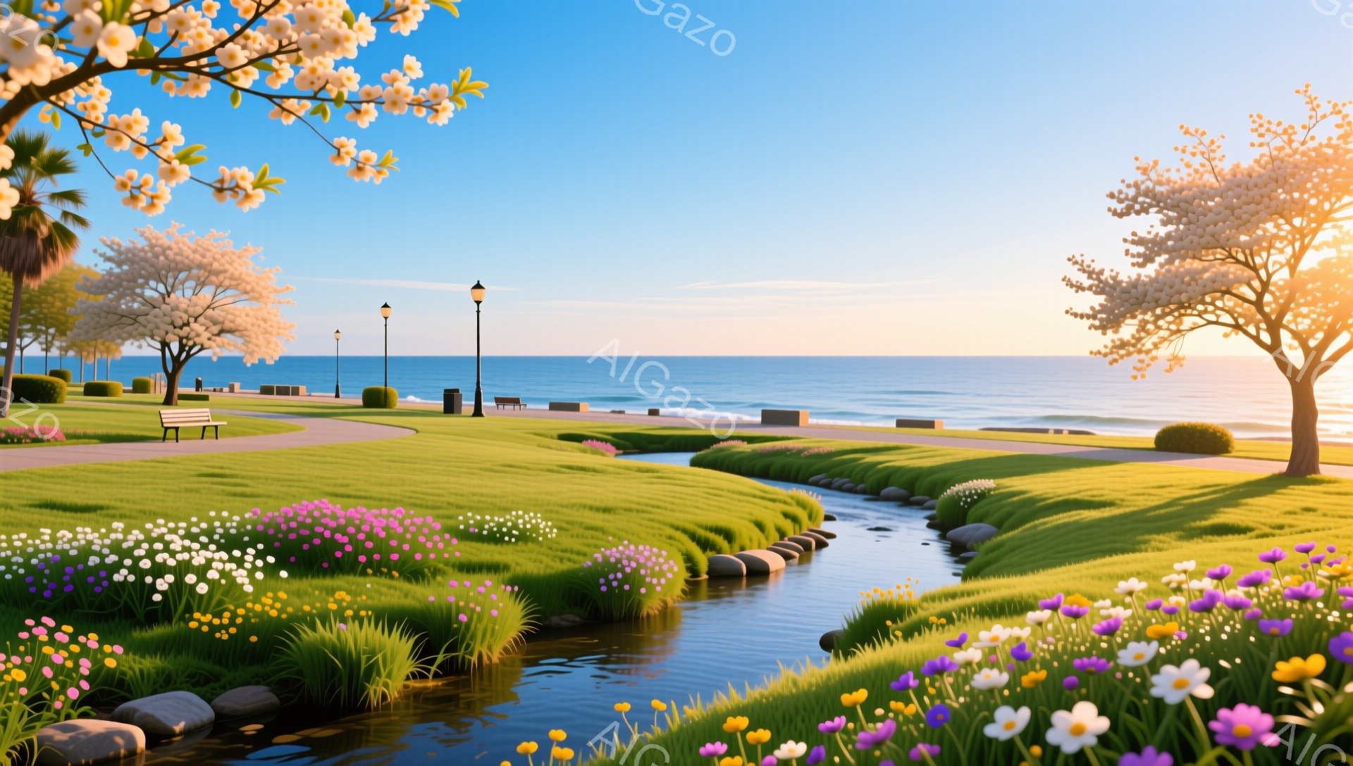 美しい庭園が海に面しており、鮮やかな花々が咲き乱れ、小川が流れています。背景には穏やかな海と青空が広がり、暖かく平和な雰囲気が漂っています。まるで絵画のような、息をのむほど美しい光景です。 - AI生成フリー素材