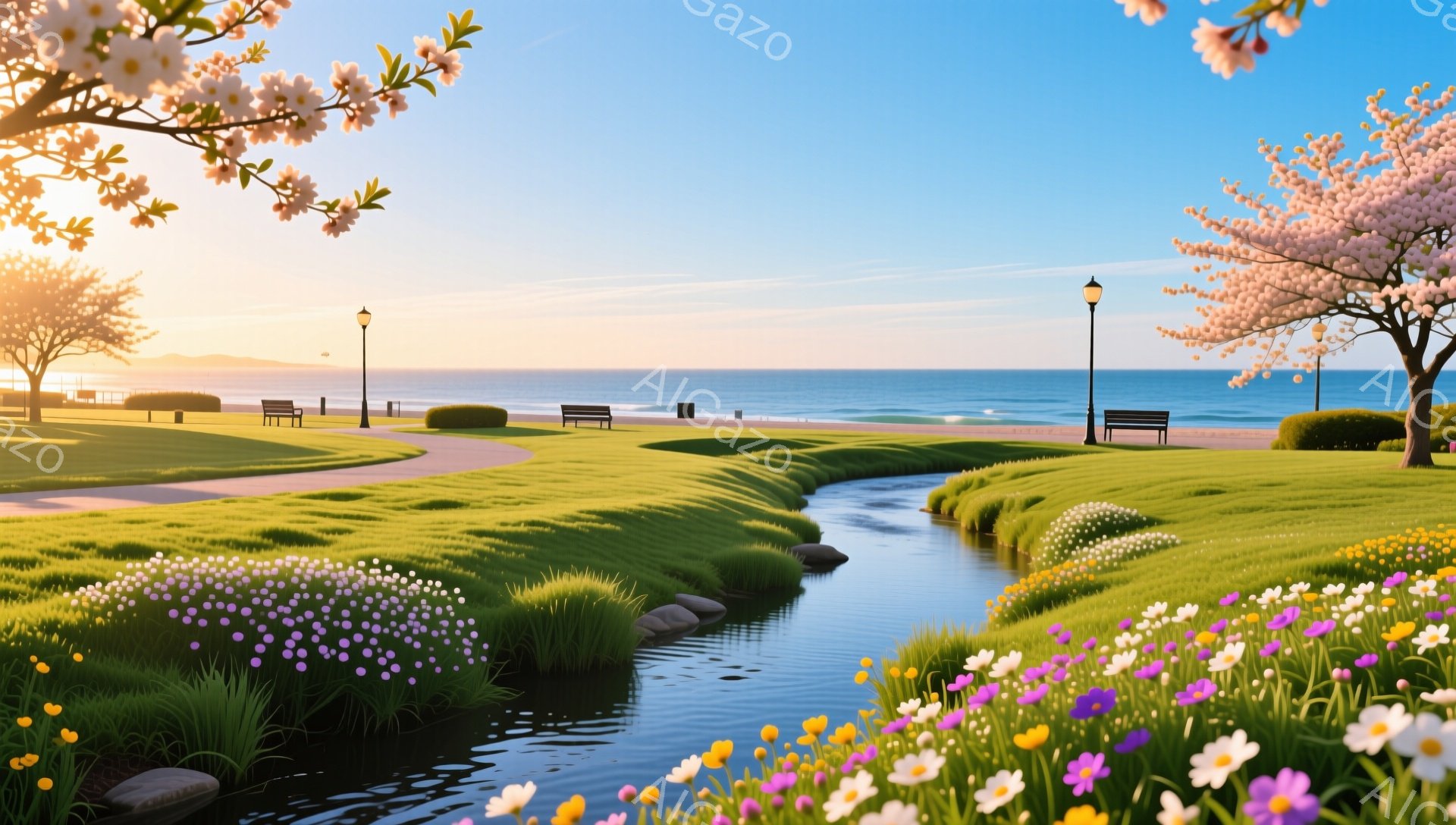 緑豊かな公園を小川が流れ、その両側に色とりどりの花が咲き乱れている。遠くには青い海と空が広がり、夕焼けが美しい光景を作り出している。ベンチが点在し、穏やかで平和な雰囲気が漂っている。