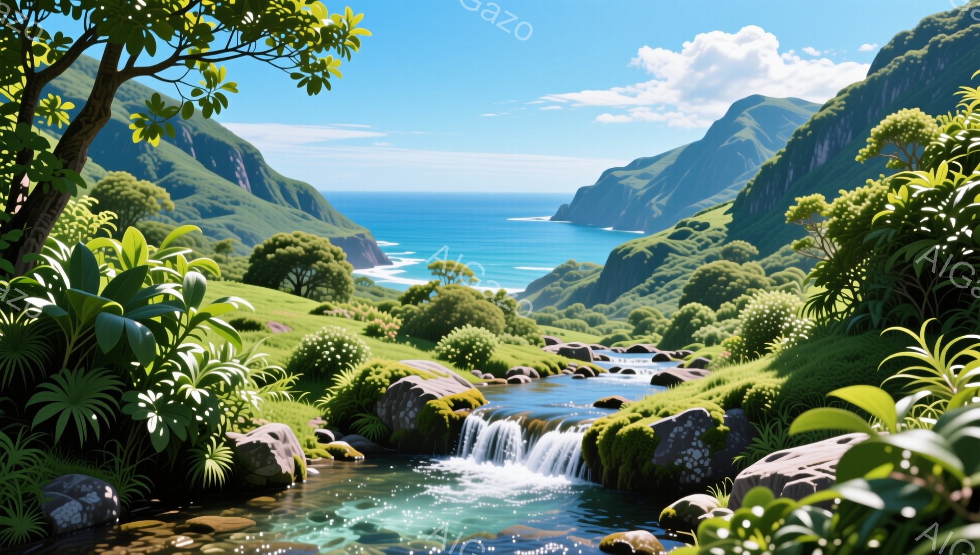 緑豊かな山々がそびえ立ち、清らかな水が流れる渓谷の風景です。青い海と空が広がり、自然の美しさが際立っています。太陽の光が差し込み、穏やかで平和な雰囲気を醸し出しています。 - AI生成フリー素材