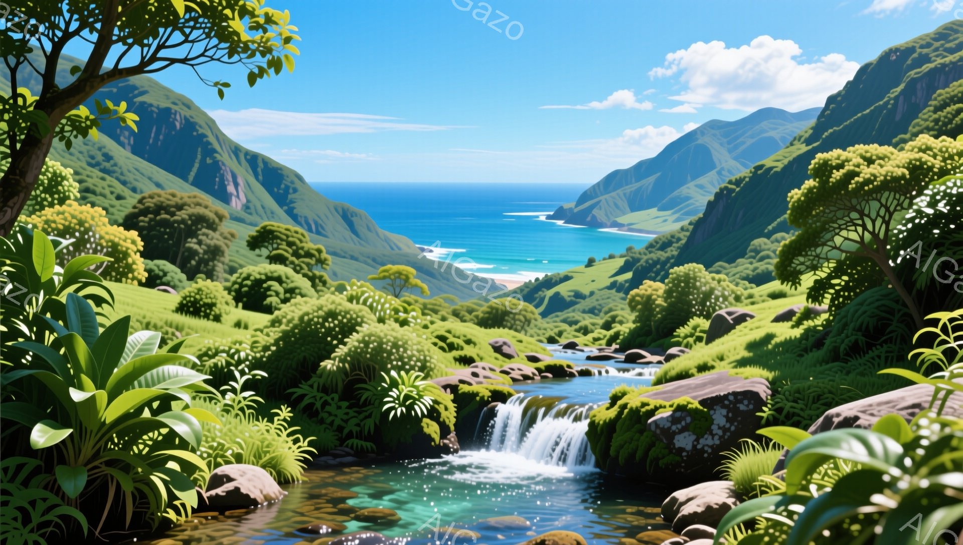 緑豊かな山々に囲まれた美しい景色が見える。川は岩の間を流れ、滝を作り、最終的にターコイズブルーの海へと注ぎ込む。青空と緑のコントラストが印象的で、穏やかで平和な雰囲気が漂っている。 - AI生成フリー素材