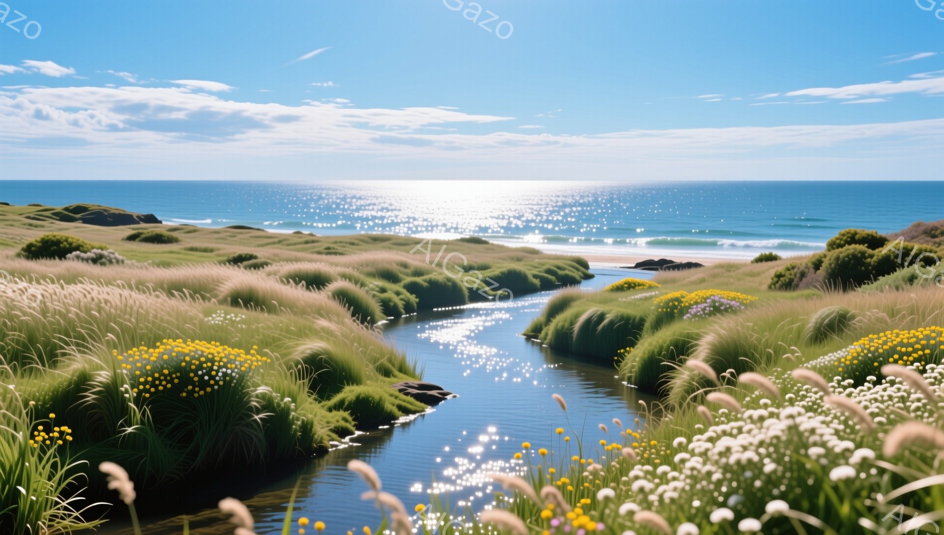 青々とした草と黄色い花々が咲き乱れる小川が、明るい太陽の下、海へと流れ込んでいます。穏やかな水面は光を反射し、キラキラと輝き、自然の美しさを際立たせています。遠くには青い海と空が広がり、平和で穏やかな - AI生成フリー素材