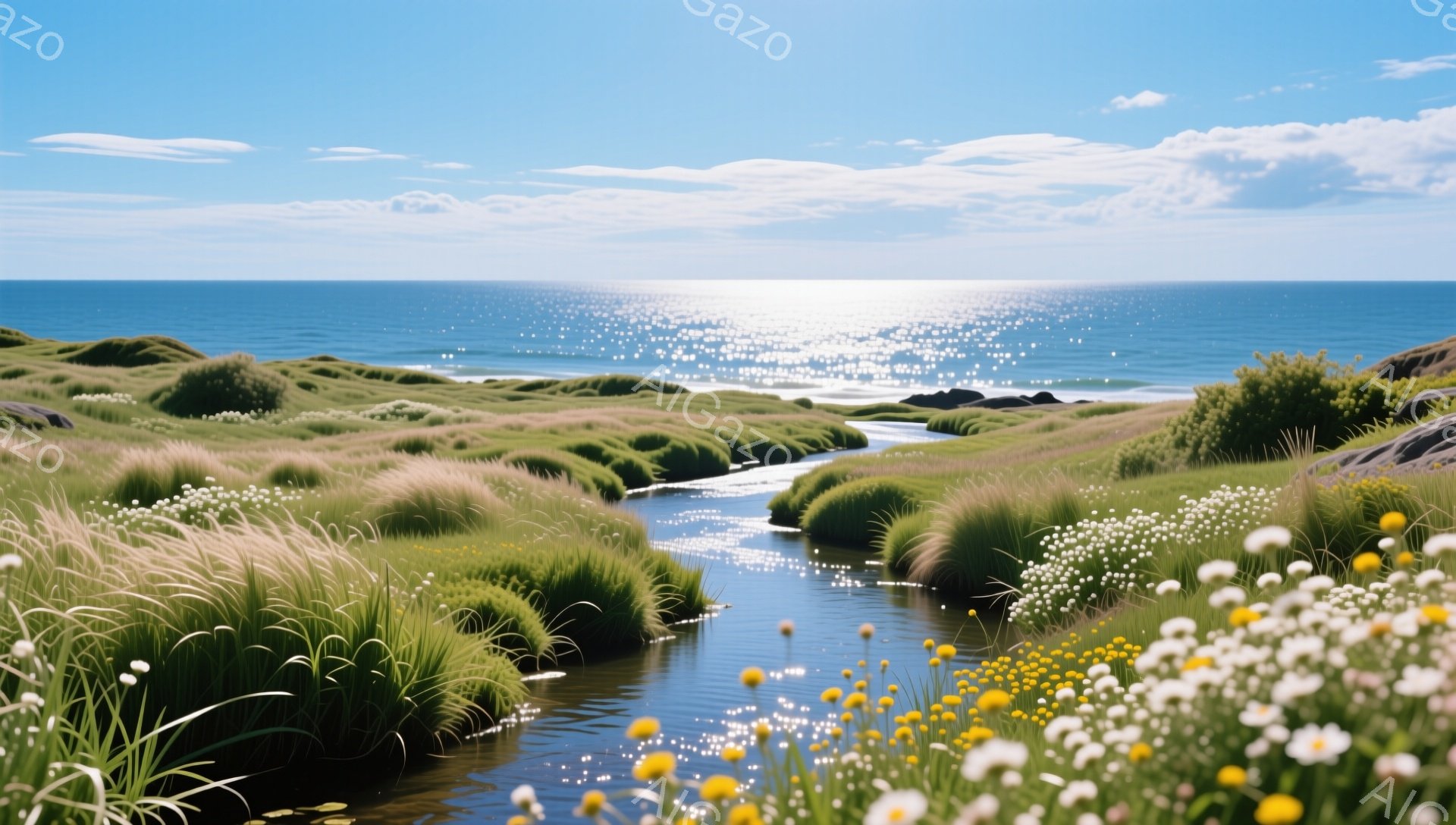 青々とした草が生い茂る、穏やかな小川が海へと流れ込んでいる風景です。太陽の光が水面に反射し、キラキラと輝いており、背景の青い海と空が美しいコントラストを生み出しています。暖かく穏やかな雰囲気の、自然豊 - AI生成フリー素材