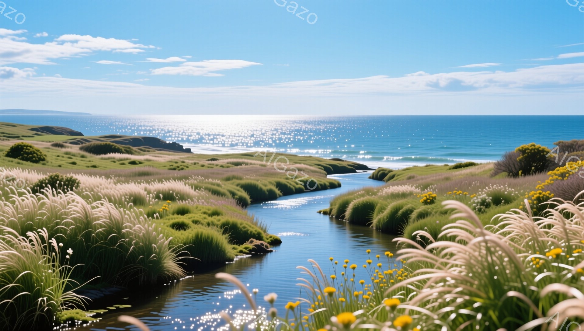 青々とした草が生い茂る小川が、太陽の光を浴びて輝く海へと流れ込んでいる。草の緑と海の青、そして太陽の光が織りなすコントラストが美しい風景だ。自然の穏やかさと生命力に満ちた、心が安らぐ光景である。 - AI生成フリー素材