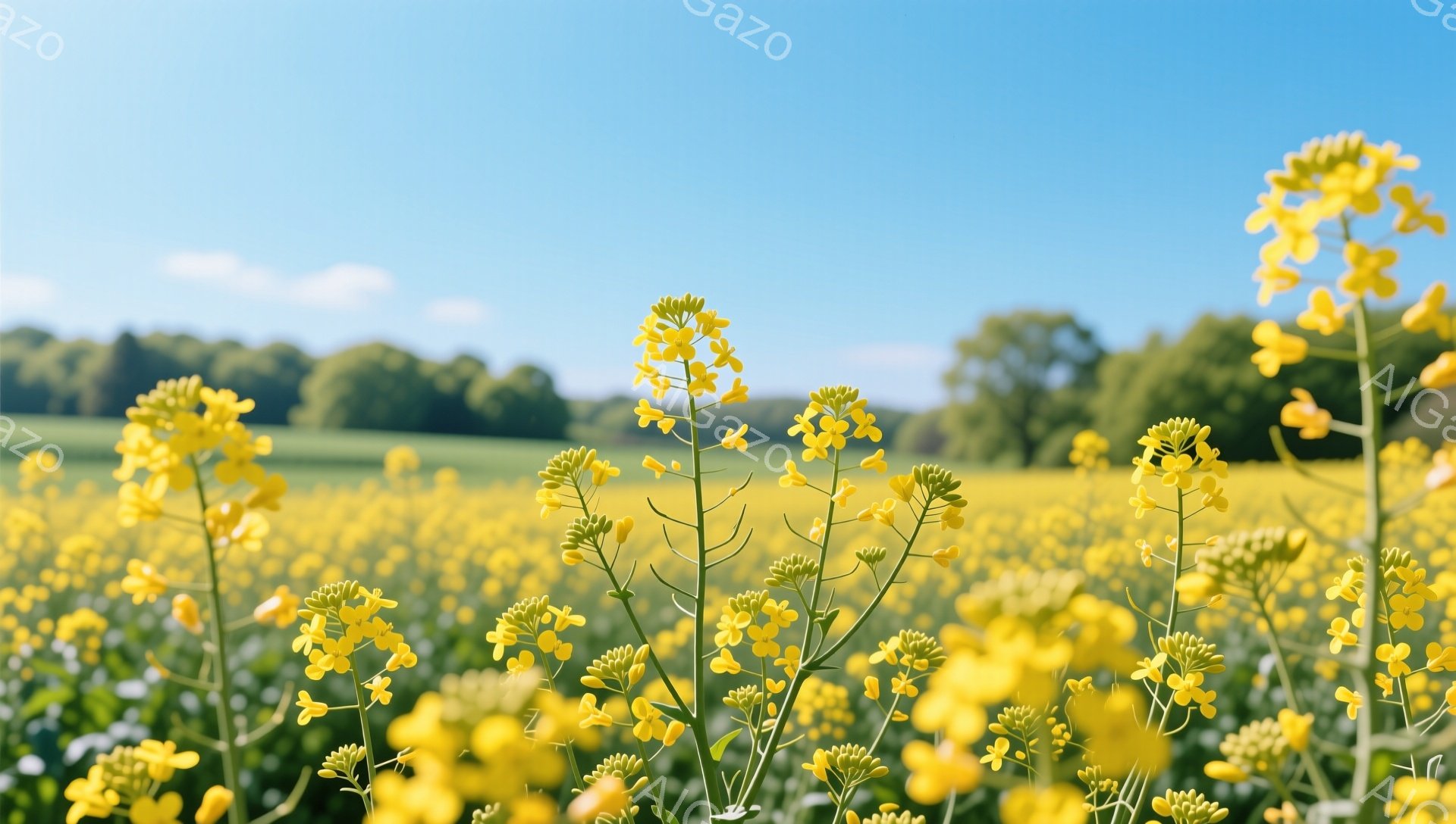 広大な菜の花畑が広がり、鮮やかな黄色が目に飛び込んでくる。手前の菜の花はぼやけているが、奥には緑豊かな木々が見え、夏らしい風景を作り出している。青空と菜の花のコントラストが美しく、穏やかな雰囲気が感じ - AI生成フリー素材