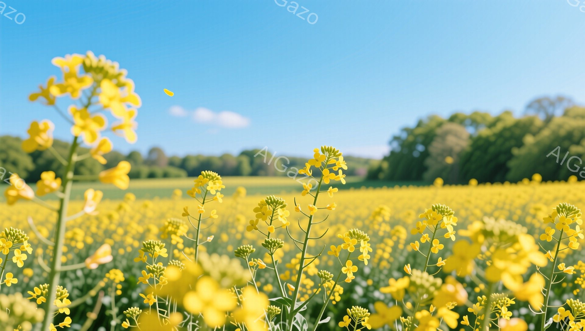 広大な菜の花畑が鮮やかな黄色で覆われています。青空と緑の木々を背景に、花々は太陽の光を浴びて咲き誇っています。穏やかで明るい雰囲気の、春の風景です。 - AI生成フリー素材