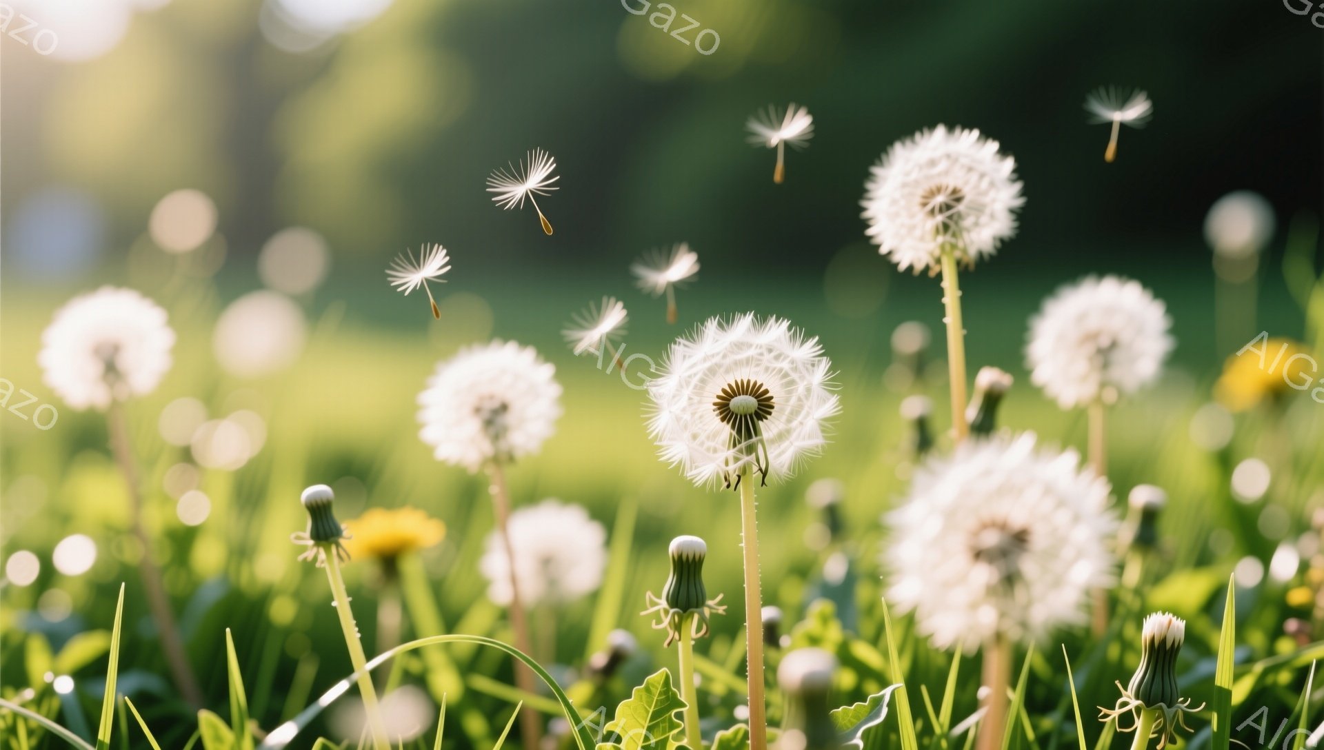 タンポポが咲き乱れる草原の風景です。種子が舞い、風に吹かれて光の中でふわふわと漂っています。背景は緑豊かな草木で、春または夏の穏やかな一日を思わせる、穏やかで暖かい雰囲気です。