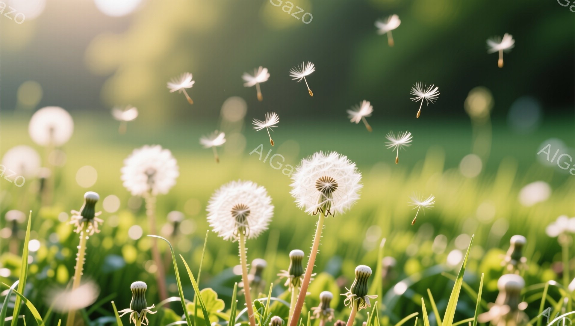 緑豊かな草原にタンポポが咲き乱れ、綿毛が風に舞っている。太陽の光が差し込み、優しく穏やかな雰囲気を醸し出している。背景はぼやけており、焦点はタンポポとその綿毛に当てられている。 - AI生成フリー素材