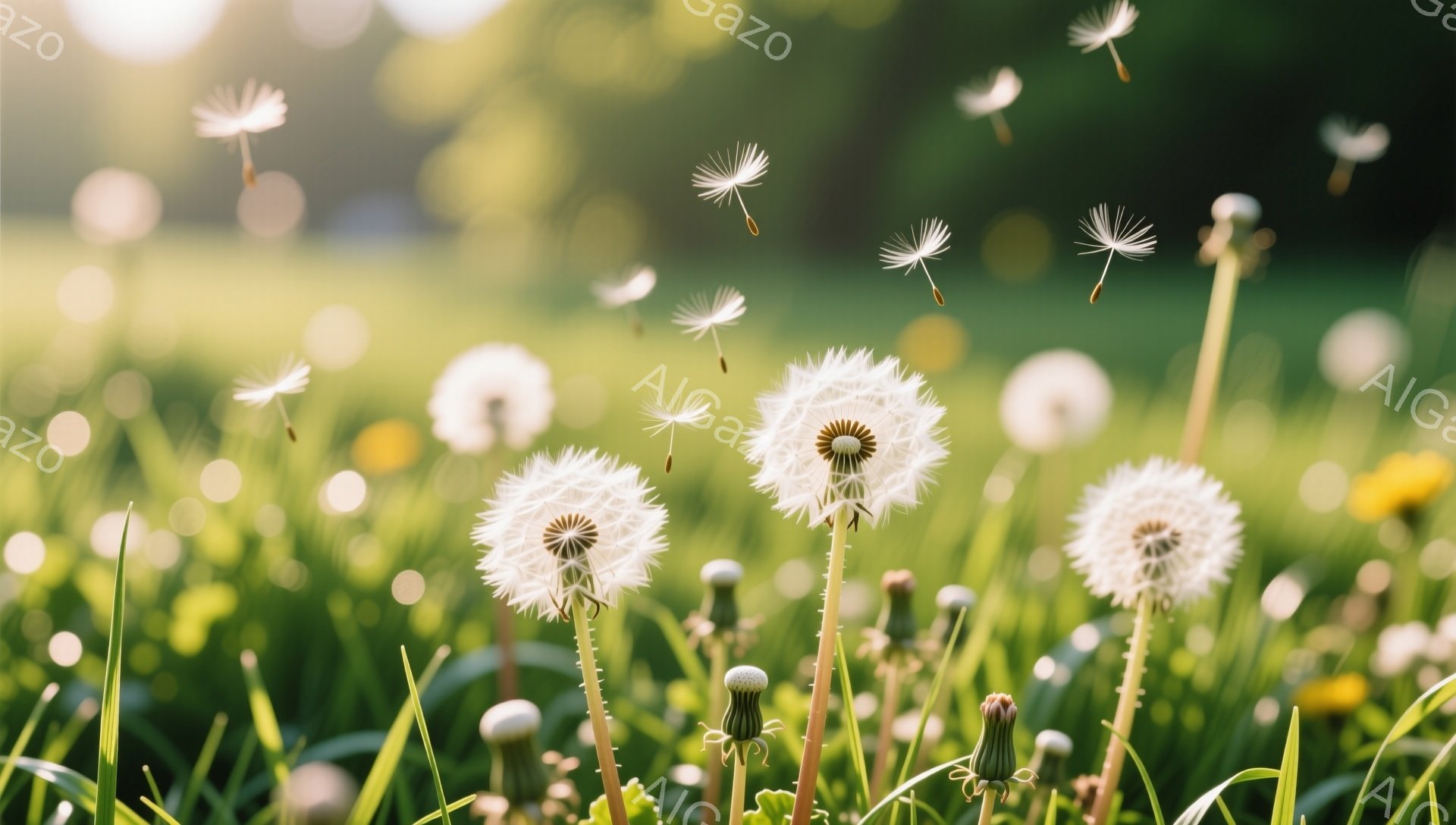 緑色の草むらの中にタンポポが咲き乱れ、綿毛が風に舞っている。太陽の光が柔らかく差し込み、穏やかで暖かい雰囲気を醸し出している。背景はぼやけており、自然の美しさが際立っている。 - AI生成フリー素材