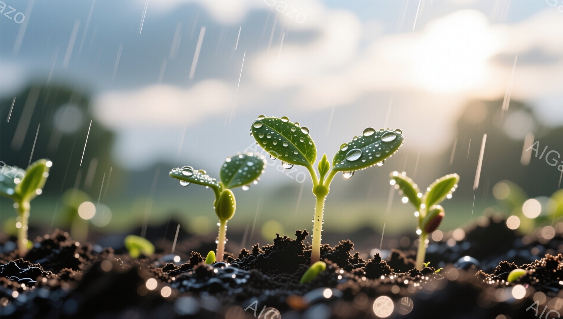 土の中から新芽が顔を出し、雨に打たれています。雨粒は葉にきらめき、生命の息吹を感じさせます。背景にはぼやけた緑と太陽の光が見え、希望に満ちた雰囲気です。 - AI生成フリー素材