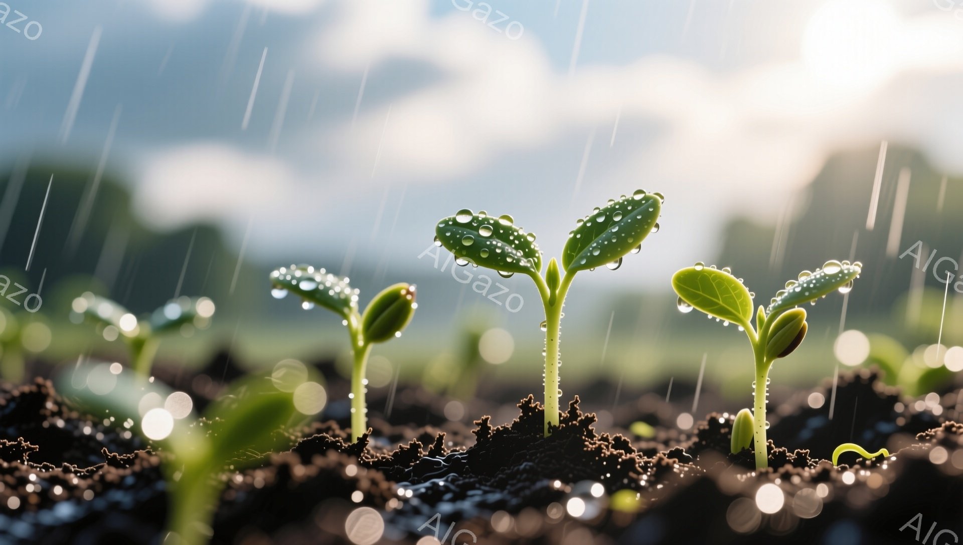 芽生えたばかりの小さな植物が土から顔を出し、雨に打たれています。雨粒が葉に付着し、光を反射してキラキラと輝いており、希望に満ちた生命力を感じさせます。背景にはぼやけた緑があり、雨上がりの自然の美しさを強調しています。