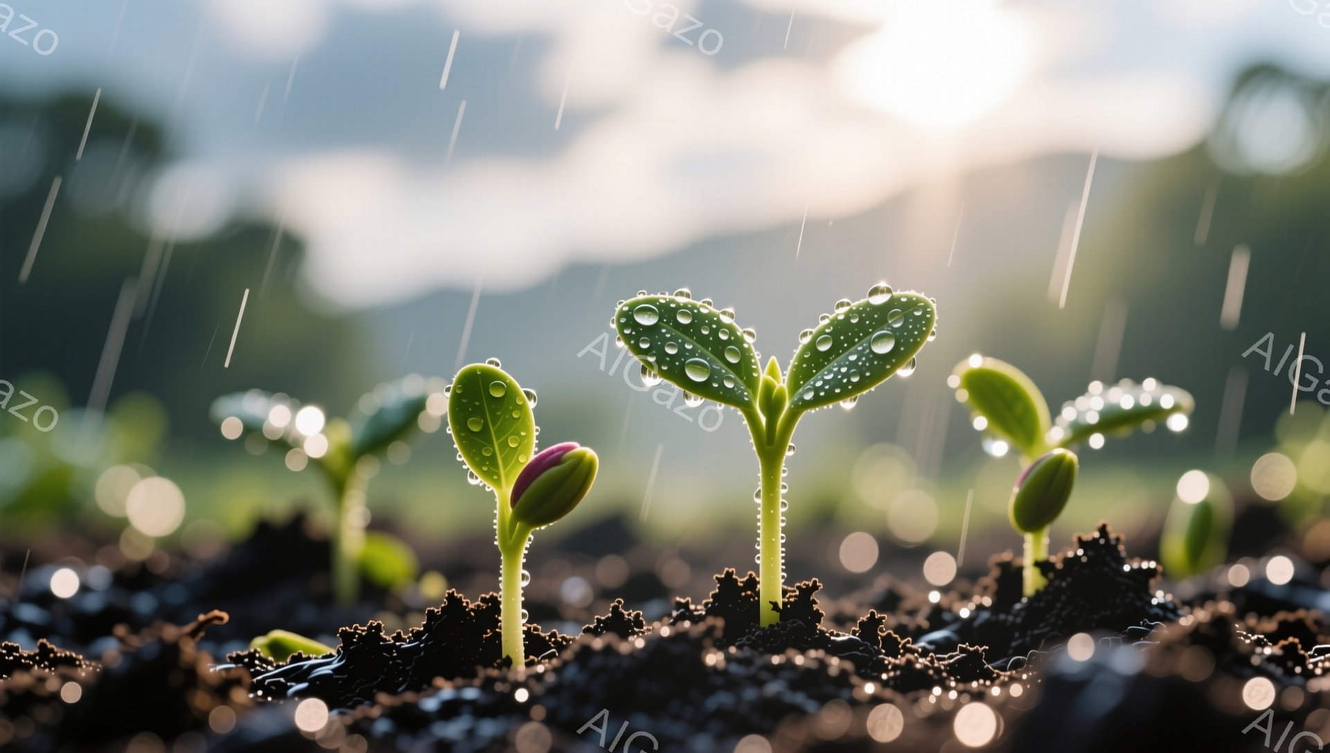 湿った土の中から、新芽が雨に打たれながら力強く生えている。雨粒が葉に付着し、光を反射してキラキラと輝いている。背景にはぼやけた緑と明るい光が見え、希望に満ちた穏やかな雰囲気が漂っている。 - AI生成フリー素材