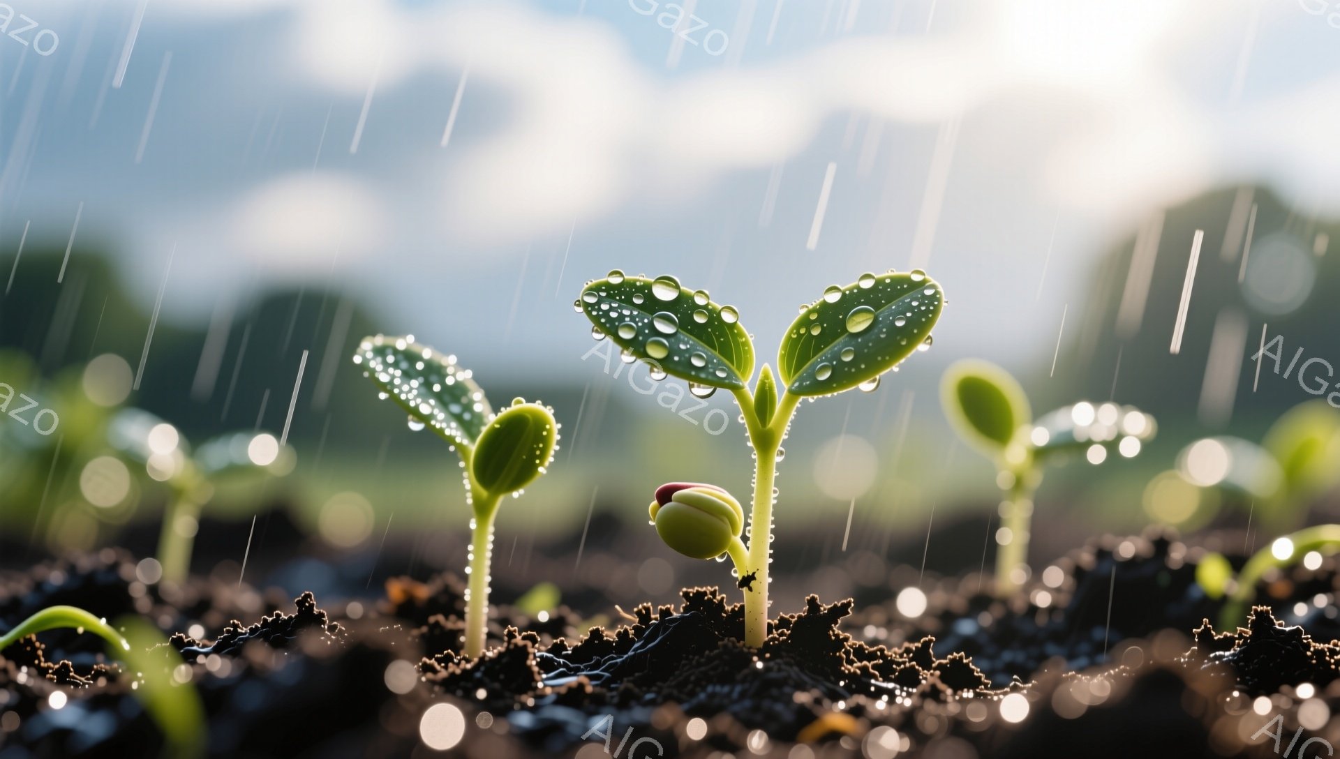 湿った土から小さな芽が顔を出し、雨に打たれています。光が差し込む背景と水滴の輝きが、生命の力強さを表現しています。希望と成長を感じさせる、美しい瞬間です。